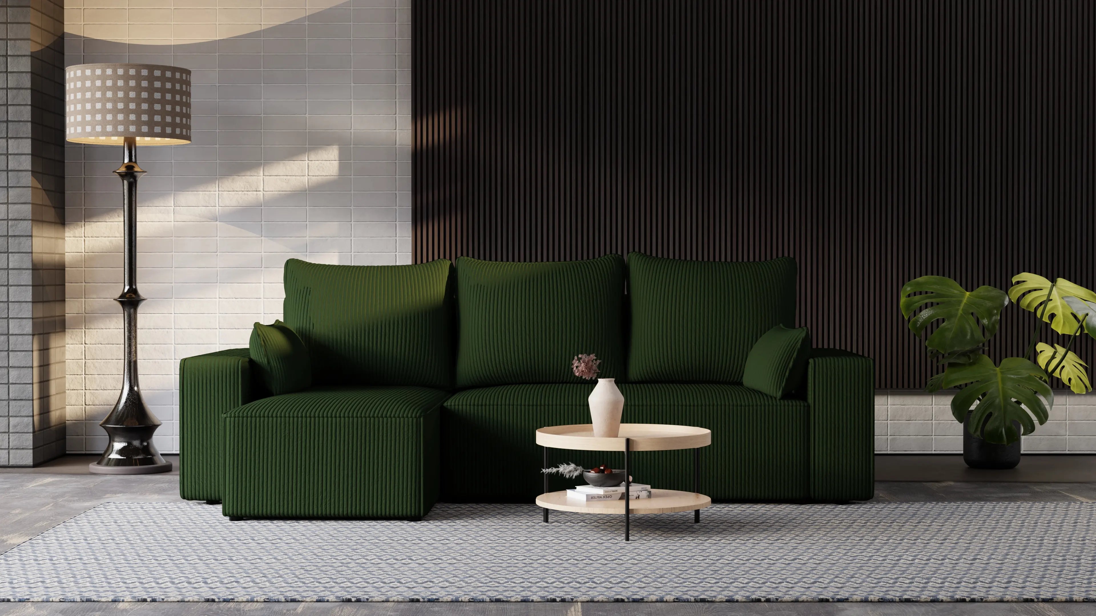 Narożnik tapicerowany NEXO – uniwersalny, z funkcją spania i pojemnikiem