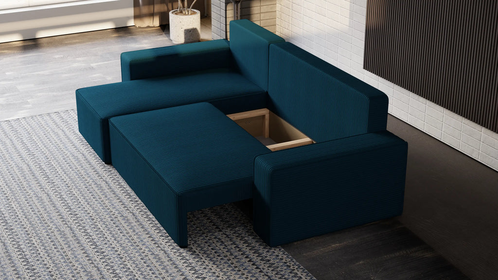 Narożnik tapicerowany NEXO – uniwersalny, z funkcją spania i pojemnikiem