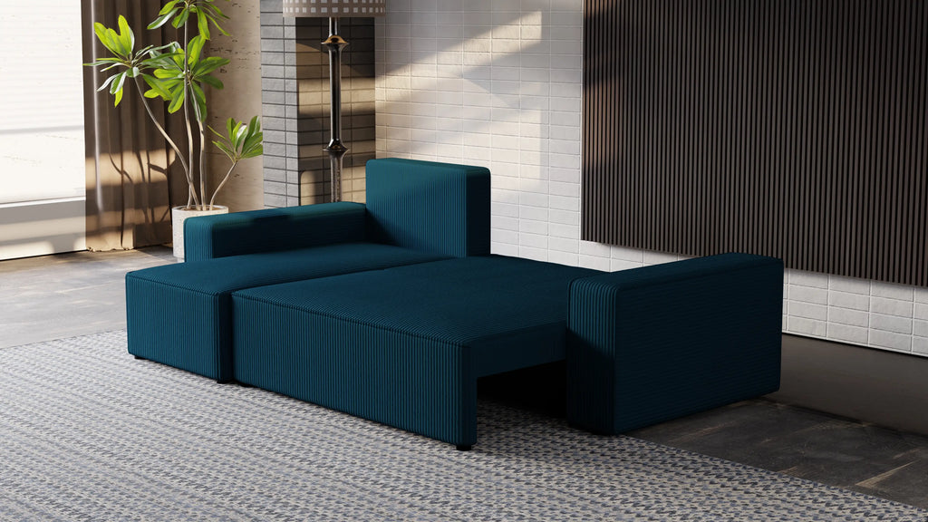 Narożnik tapicerowany NEXO – uniwersalny, z funkcją spania i pojemnikiem