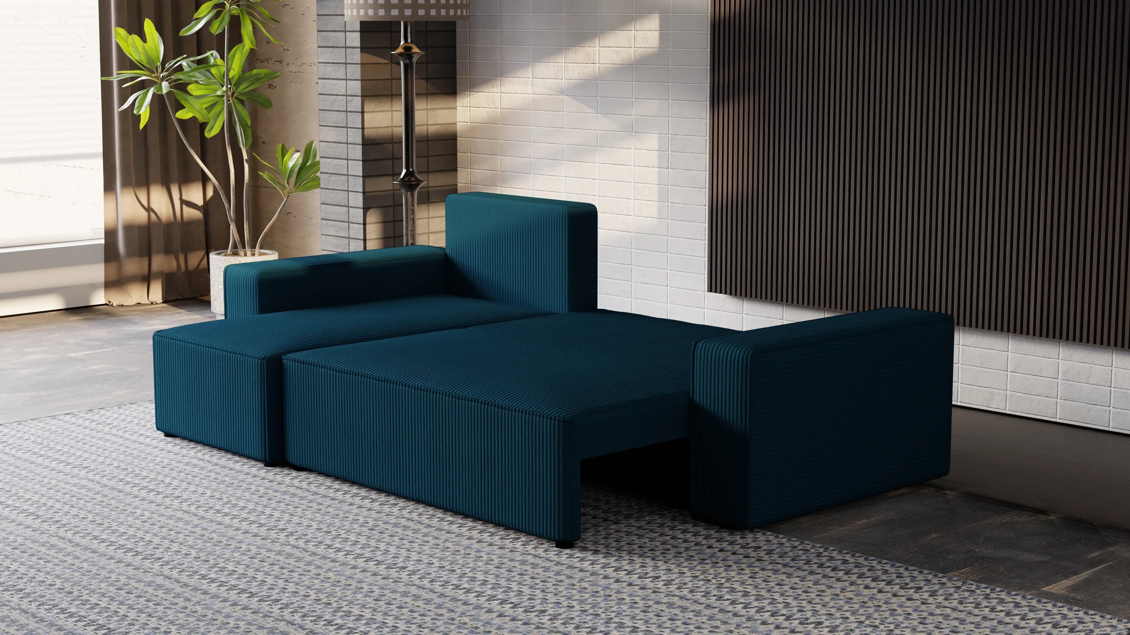 Narożnik tapicerowany NEXO – uniwersalny, z funkcją spania i pojemnikiem