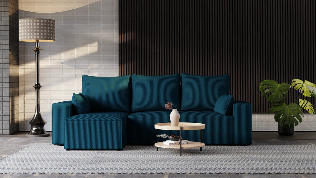 Narożnik tapicerowany NEXO – uniwersalny, z funkcją spania i pojemnikiem