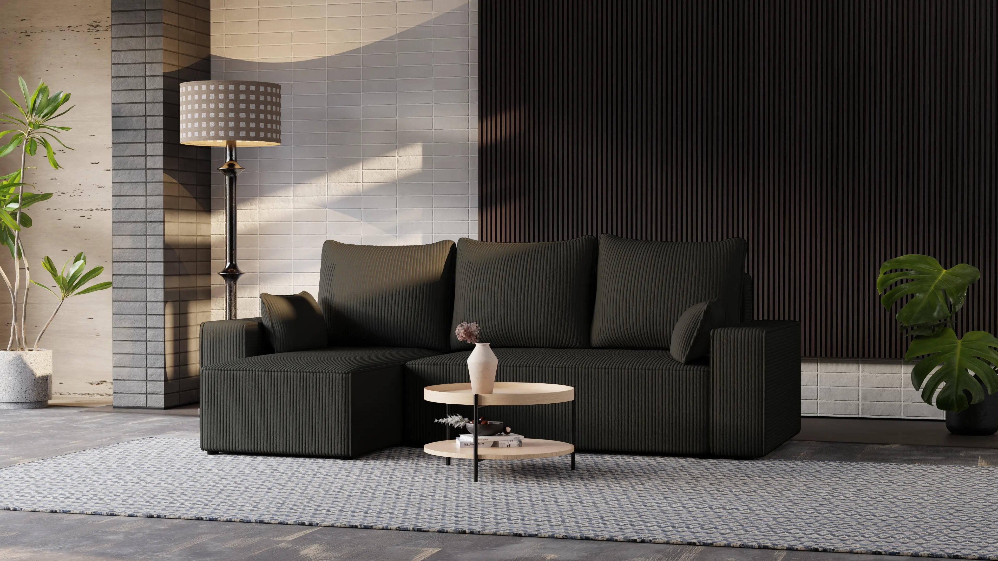 Narożnik tapicerowany NEXO – uniwersalny, z funkcją spania i pojemnikiem