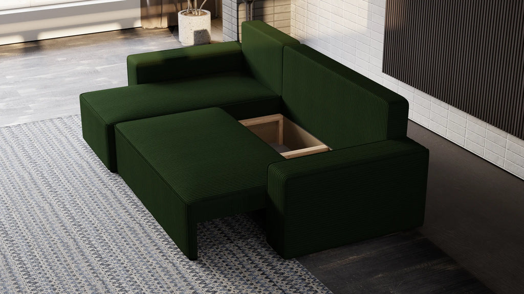 Narożnik tapicerowany NEXO – uniwersalny, z funkcją spania i pojemnikiem