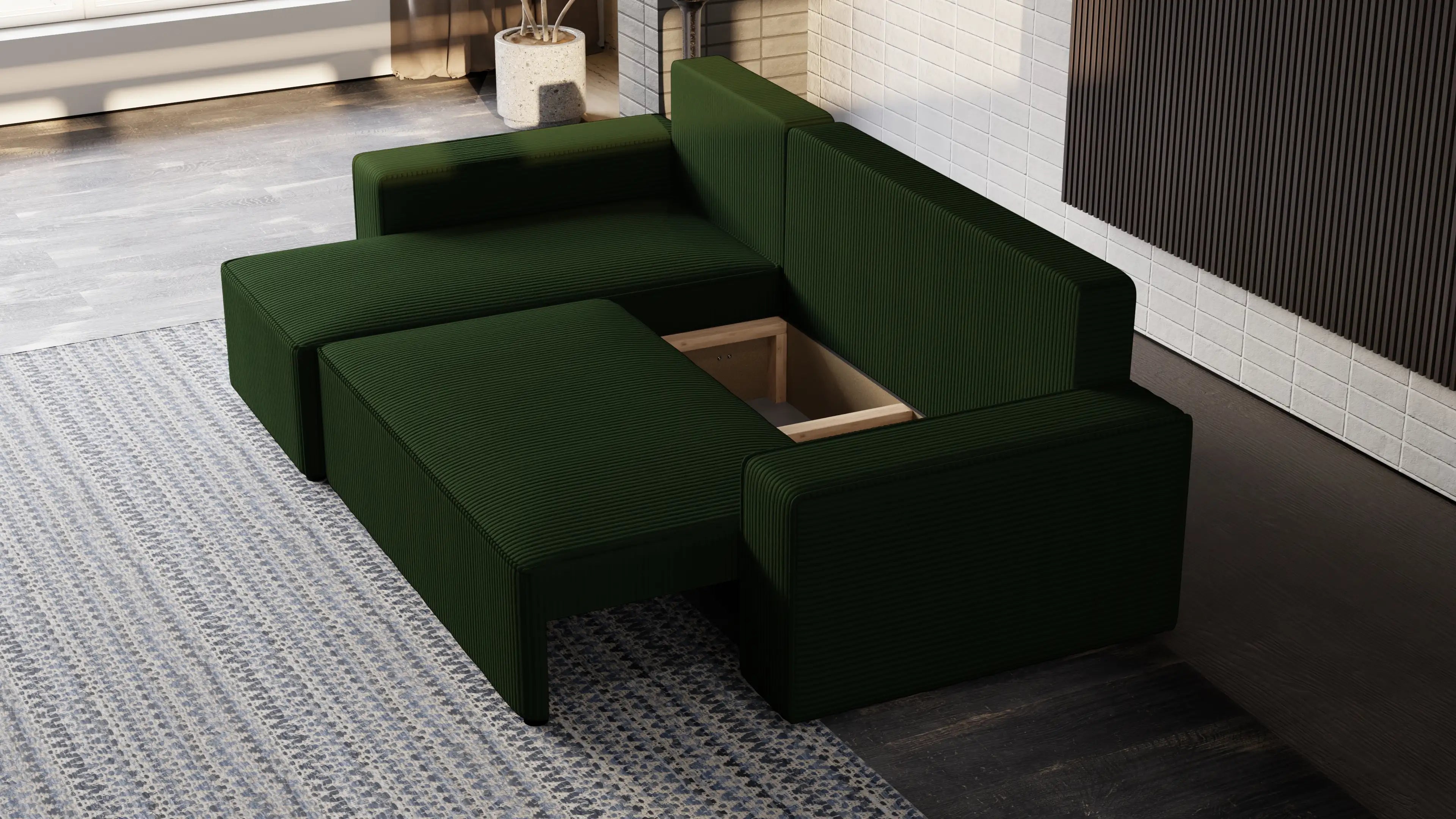 Narożnik tapicerowany NEXO – uniwersalny, z funkcją spania i pojemnikiem