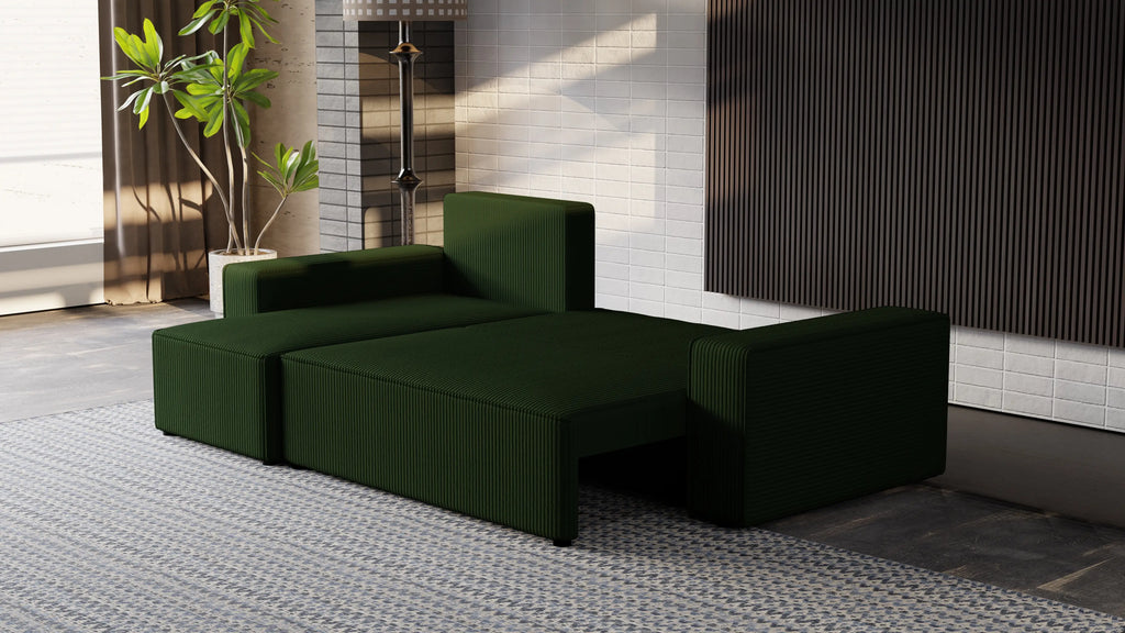 Narożnik tapicerowany NEXO – uniwersalny, z funkcją spania i pojemnikiem