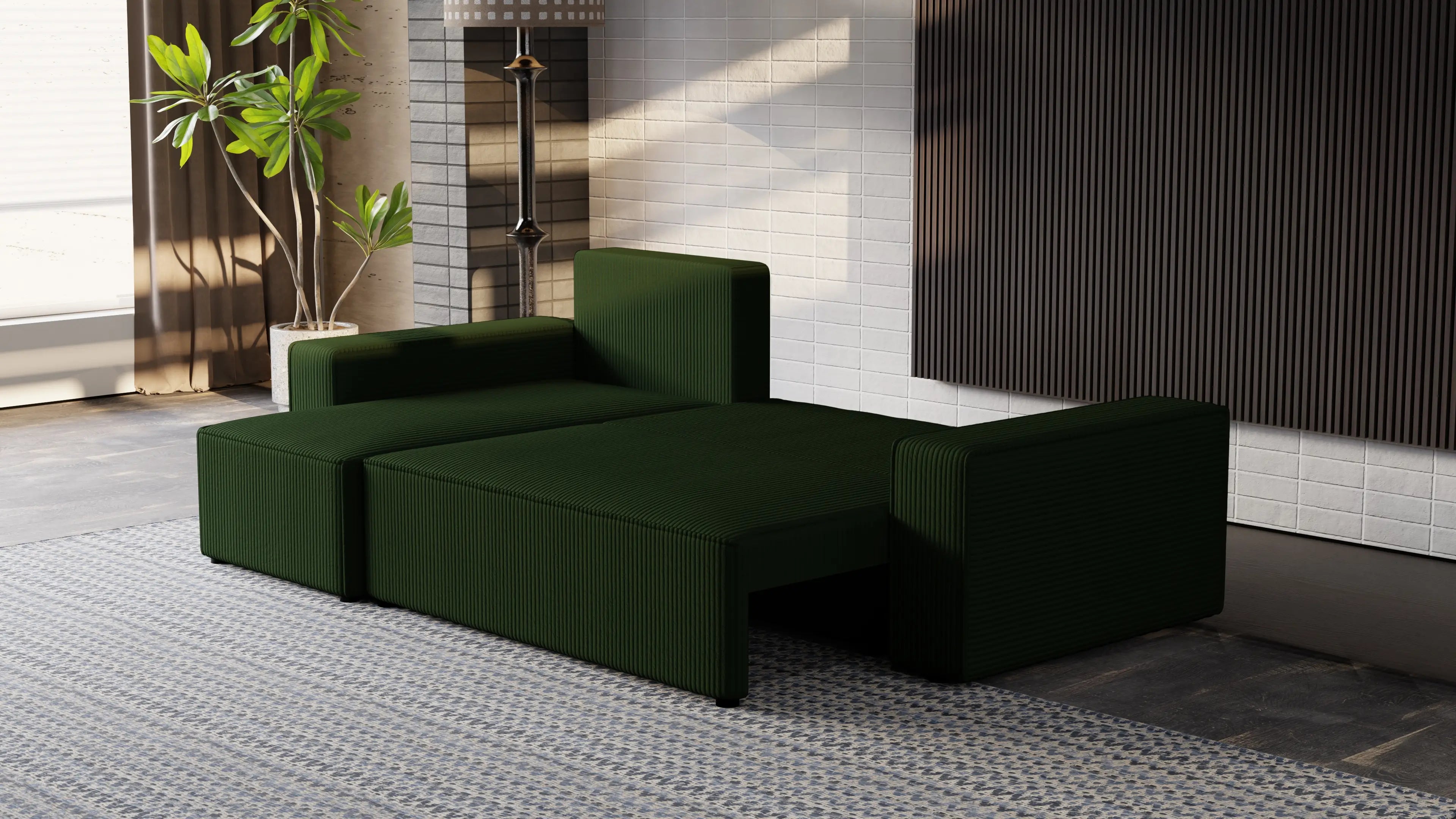 Narożnik tapicerowany NEXO – uniwersalny, z funkcją spania i pojemnikiem