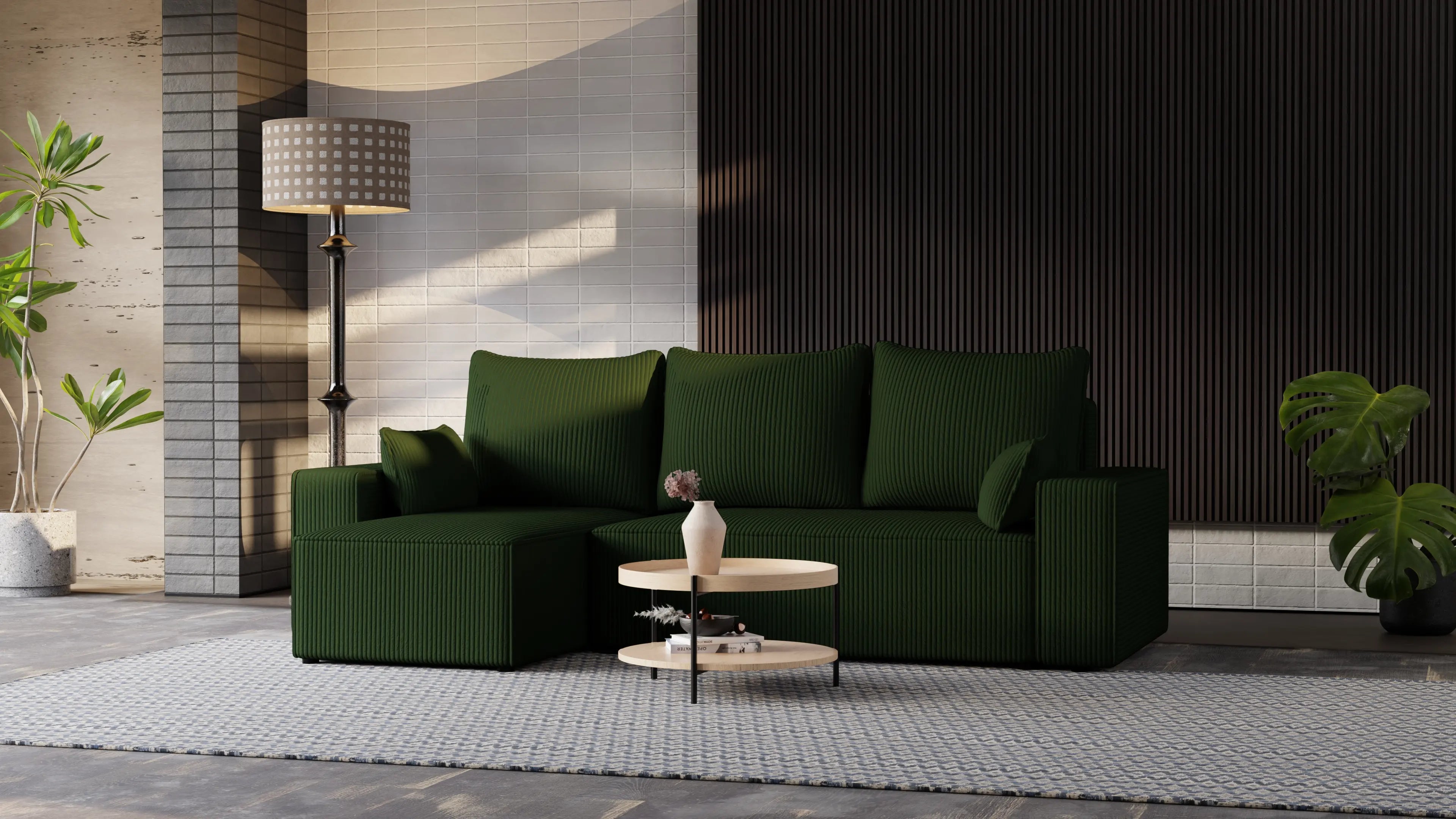 Narożnik tapicerowany NEXO – uniwersalny, z funkcją spania i pojemnikiem