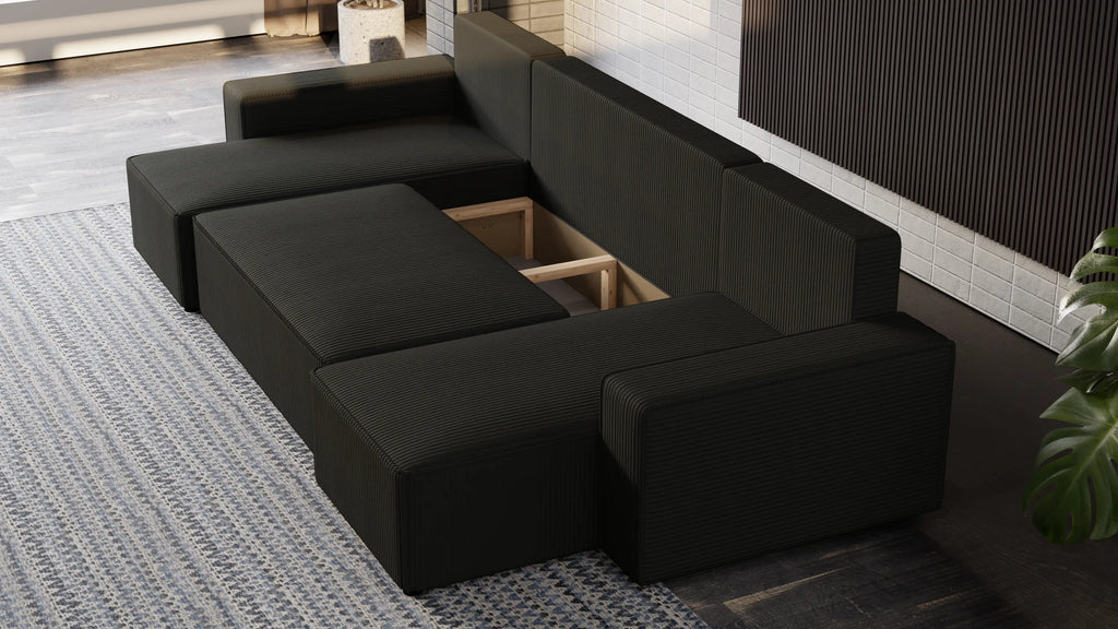 Narożnik Nexo U – uniwersalny rozkładany z pojemnikiem, tkanina POSO