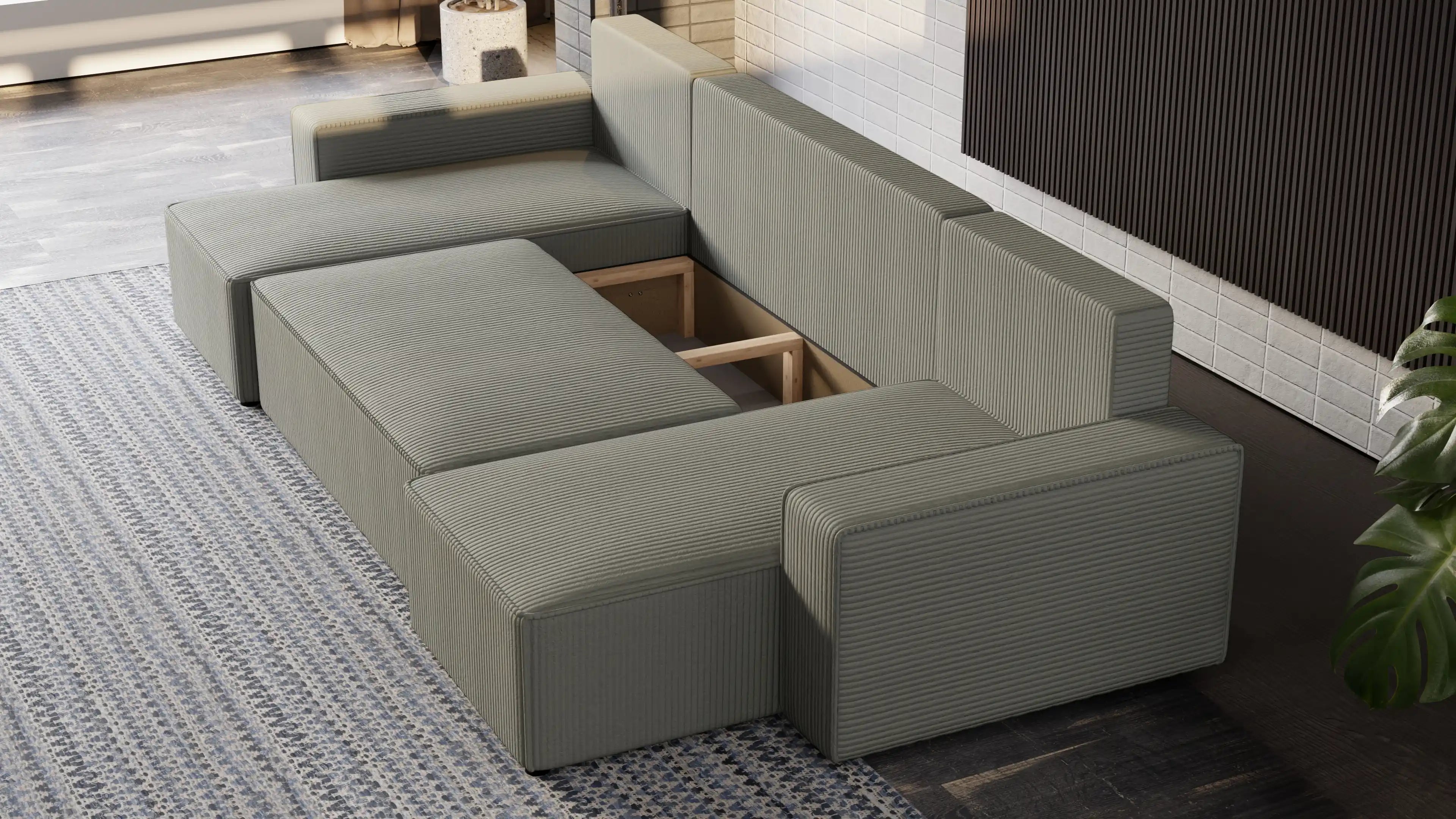 Narożnik Nexo U – uniwersalny rozkładany z pojemnikiem, tkanina POSO