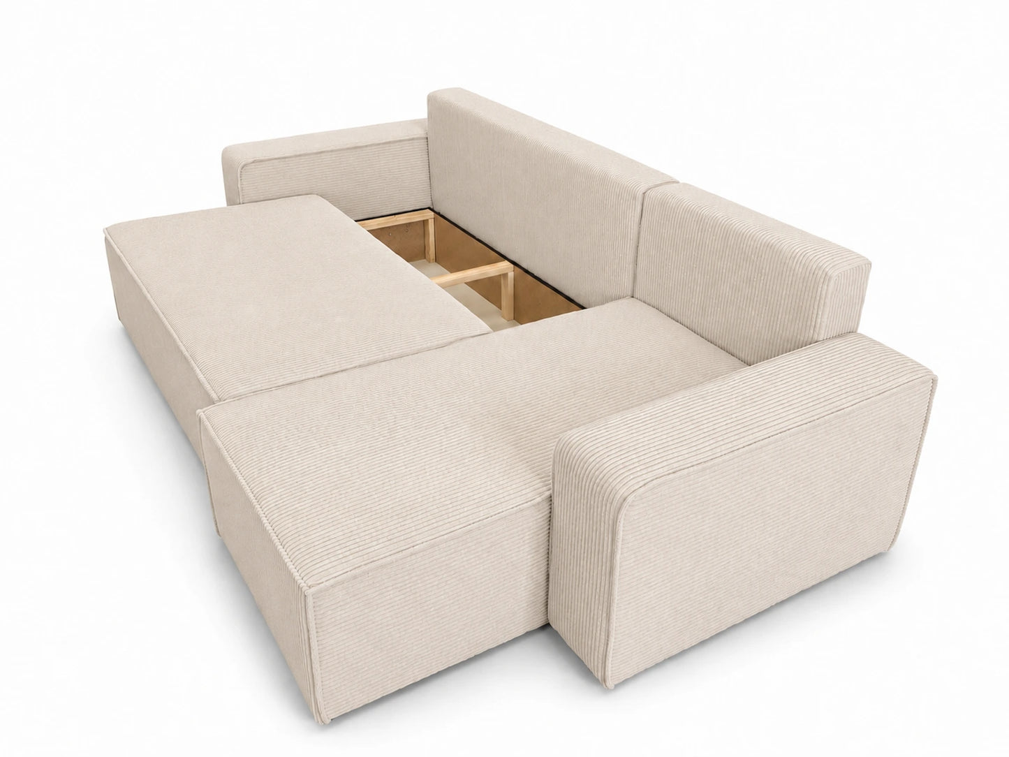 Narożnik tapicerowany NEXO – uniwersalny, z funkcją spania i pojemnikiem, sztruks