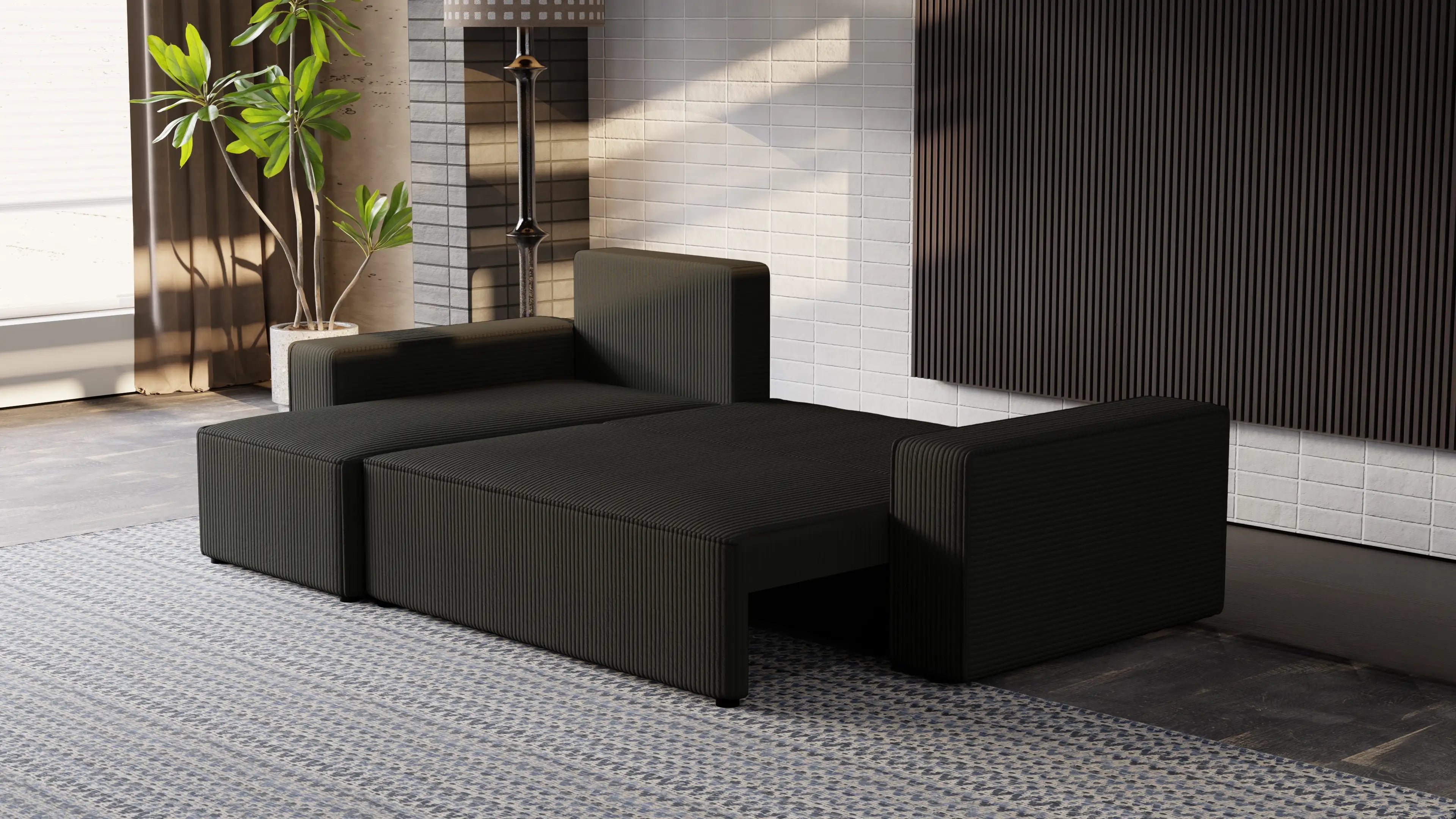 Narożnik tapicerowany NEXO – uniwersalny, z funkcją spania i pojemnikiem