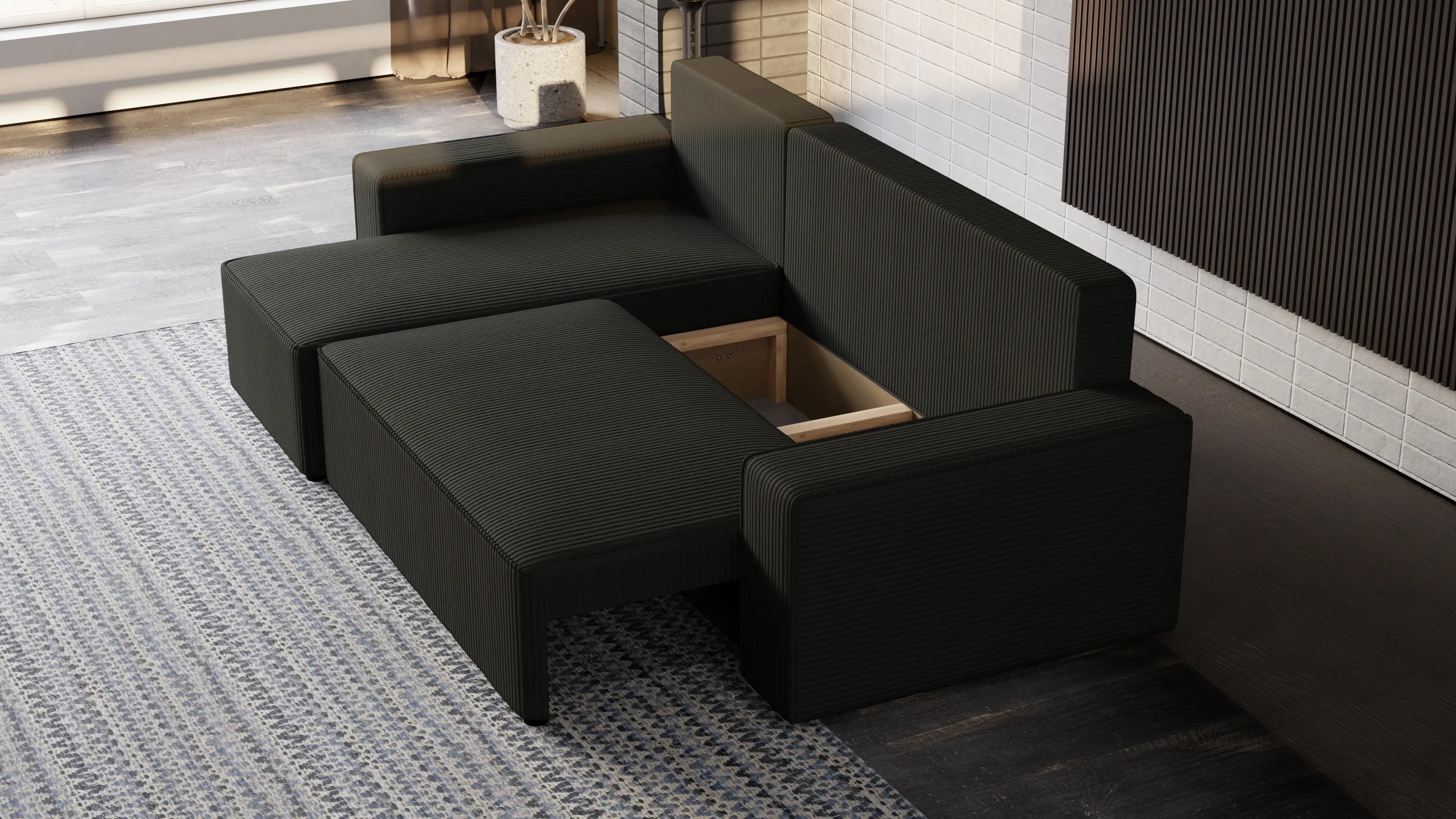 Narożnik tapicerowany NEXO – uniwersalny, z funkcją spania i pojemnikiem