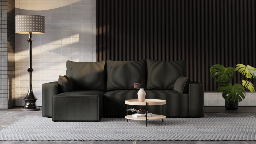 Narożnik tapicerowany NEXO – uniwersalny, z funkcją spania i pojemnikiem