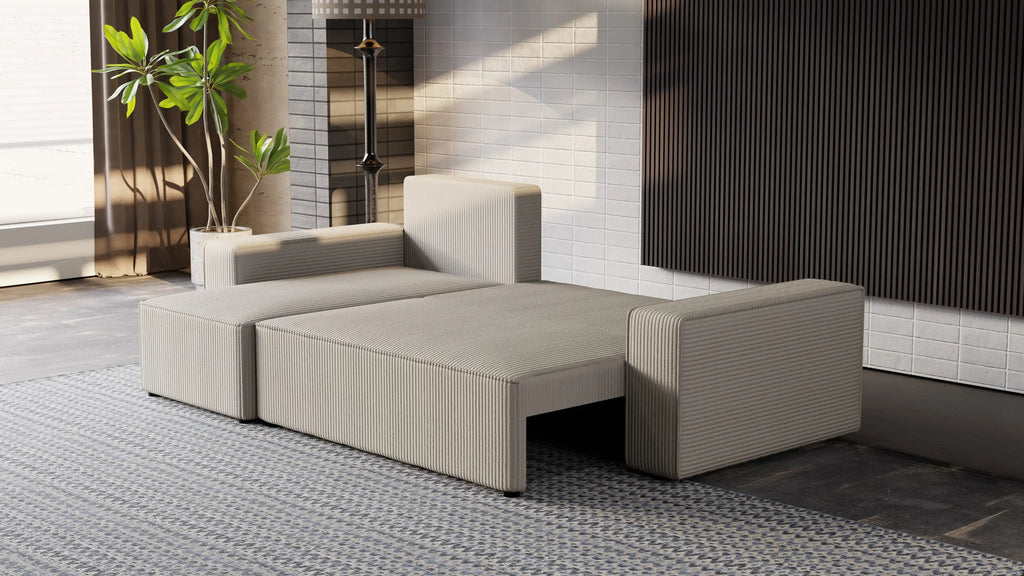 Narożnik tapicerowany NEXO – uniwersalny, z funkcją spania i pojemnikiem