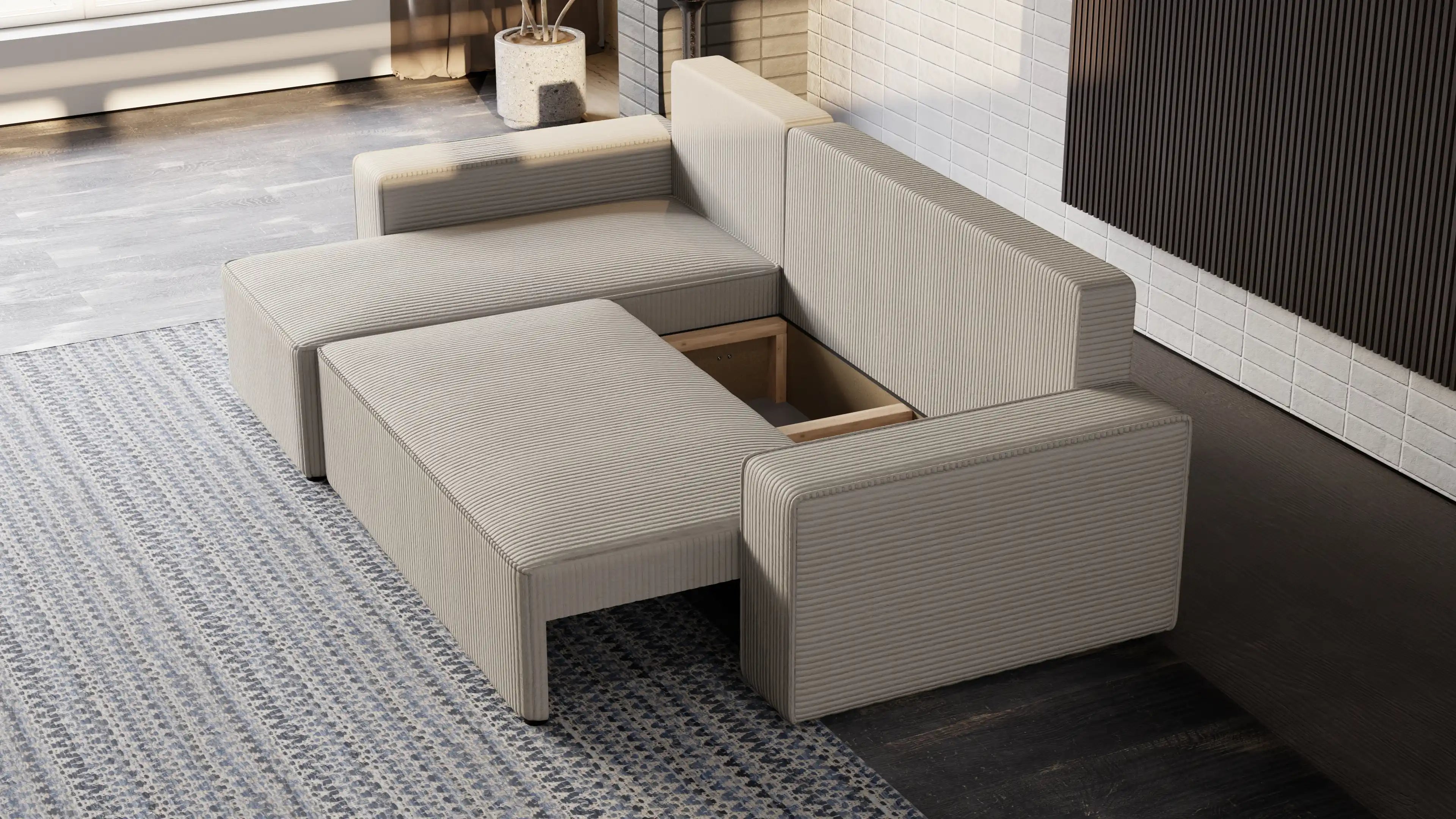 Narożnik tapicerowany NEXO – uniwersalny, z funkcją spania i pojemnikiem