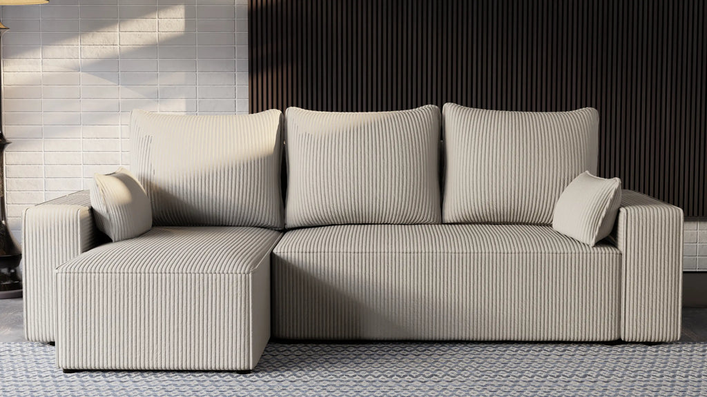 Narożnik tapicerowany NEXO – uniwersalny, z funkcją spania i pojemnikiem