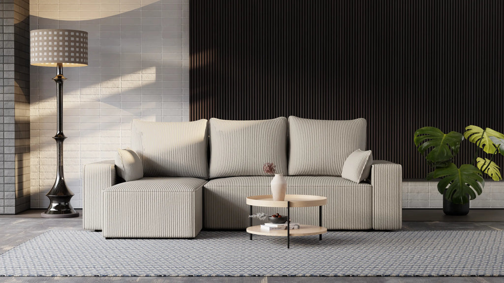 Narożnik tapicerowany NEXO – uniwersalny, z funkcją spania i pojemnikiem