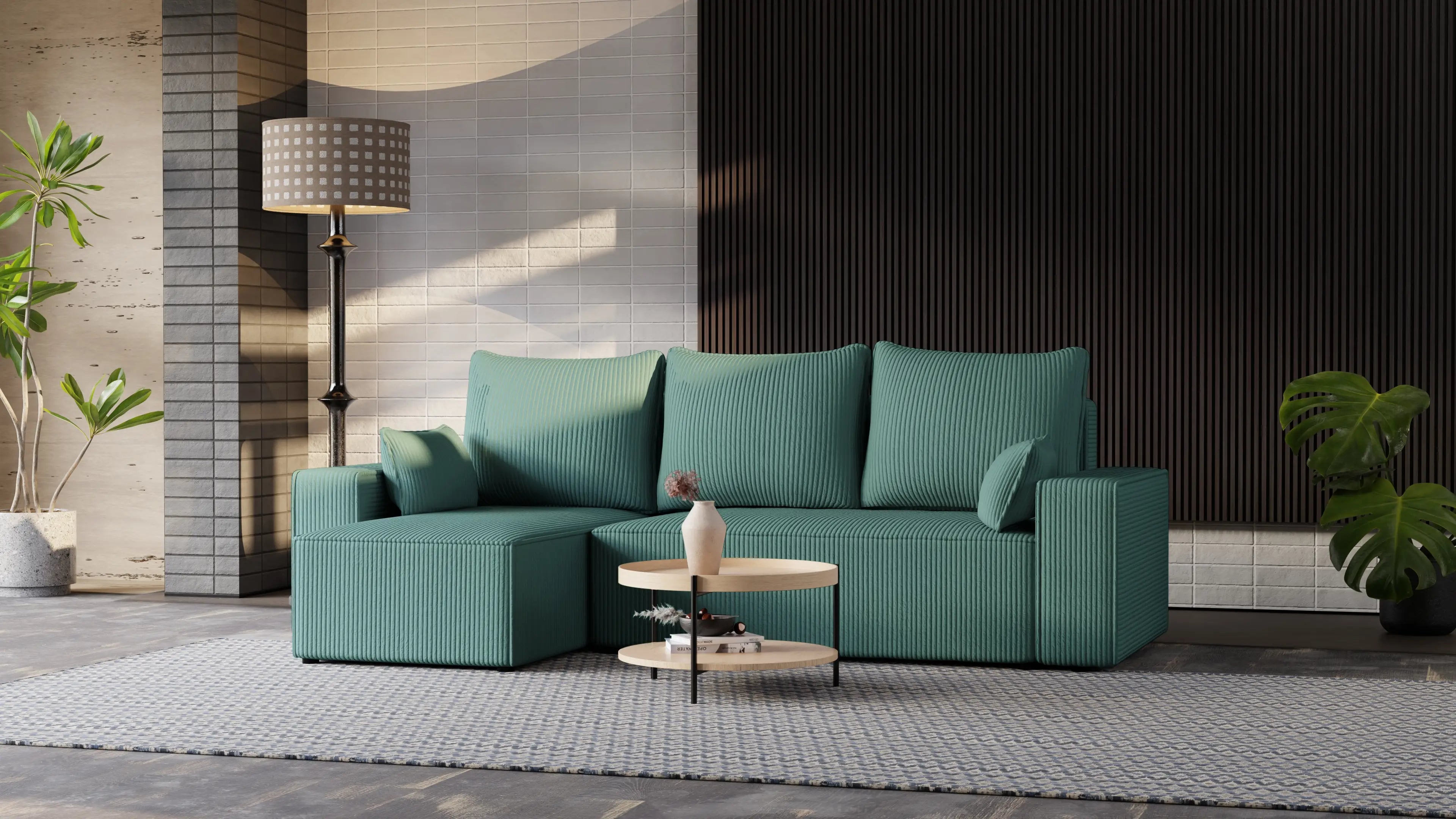 Narożnik tapicerowany NEXO – uniwersalny, z funkcją spania i pojemnikiem