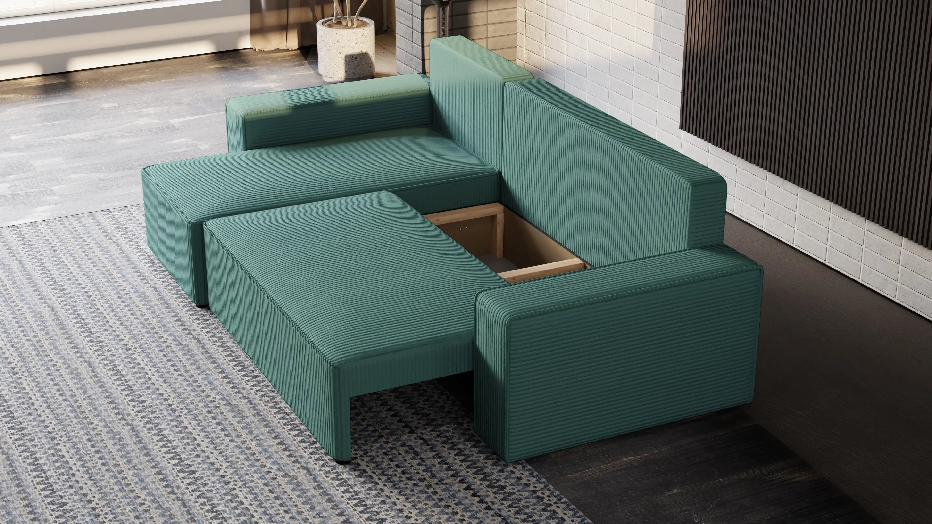 Narożnik tapicerowany NEXO – uniwersalny, z funkcją spania i pojemnikiem