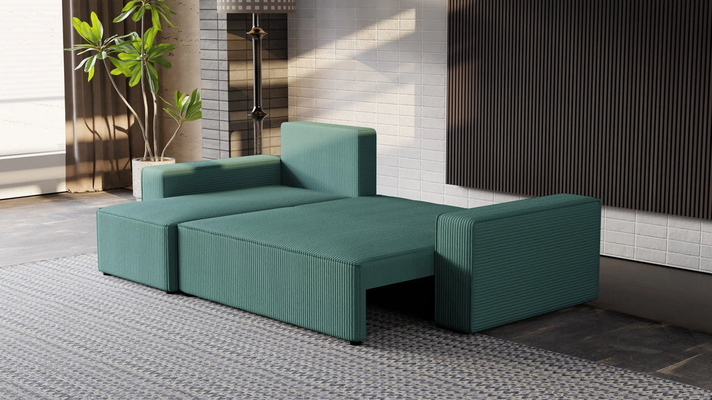 Narożnik tapicerowany NEXO – uniwersalny, z funkcją spania i pojemnikiem