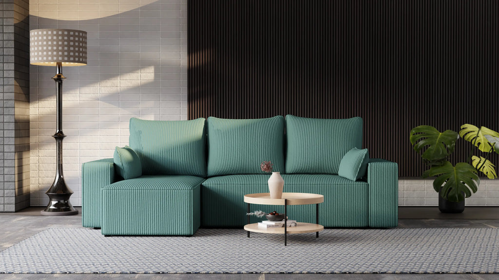 Narożnik tapicerowany NEXO – uniwersalny, z funkcją spania i pojemnikiem