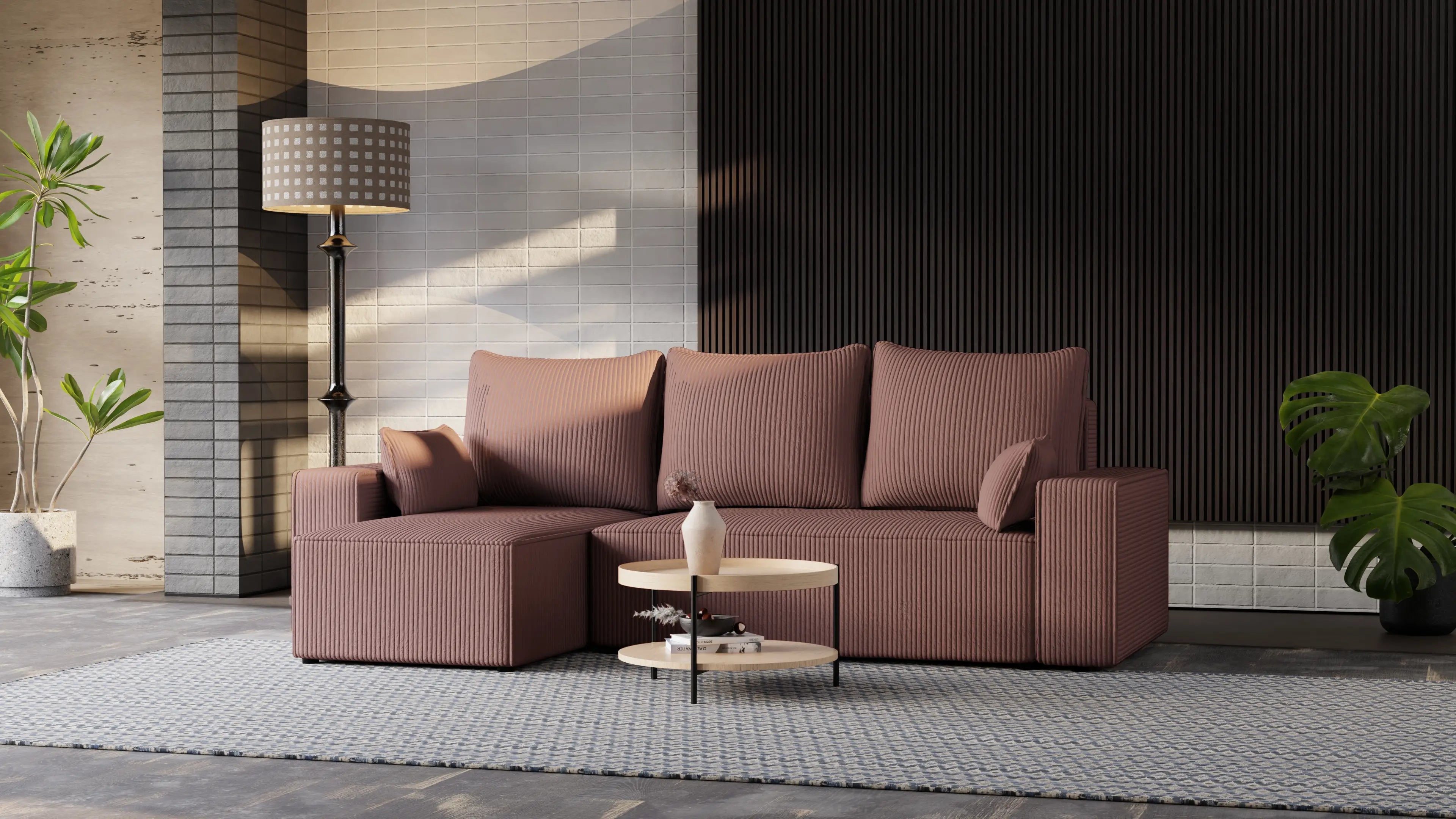 Narożnik tapicerowany NEXO – uniwersalny, z funkcją spania i pojemnikiem