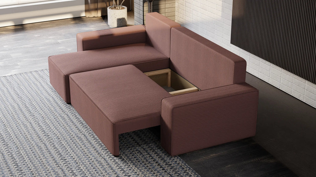 Narożnik tapicerowany NEXO – uniwersalny, z funkcją spania i pojemnikiem