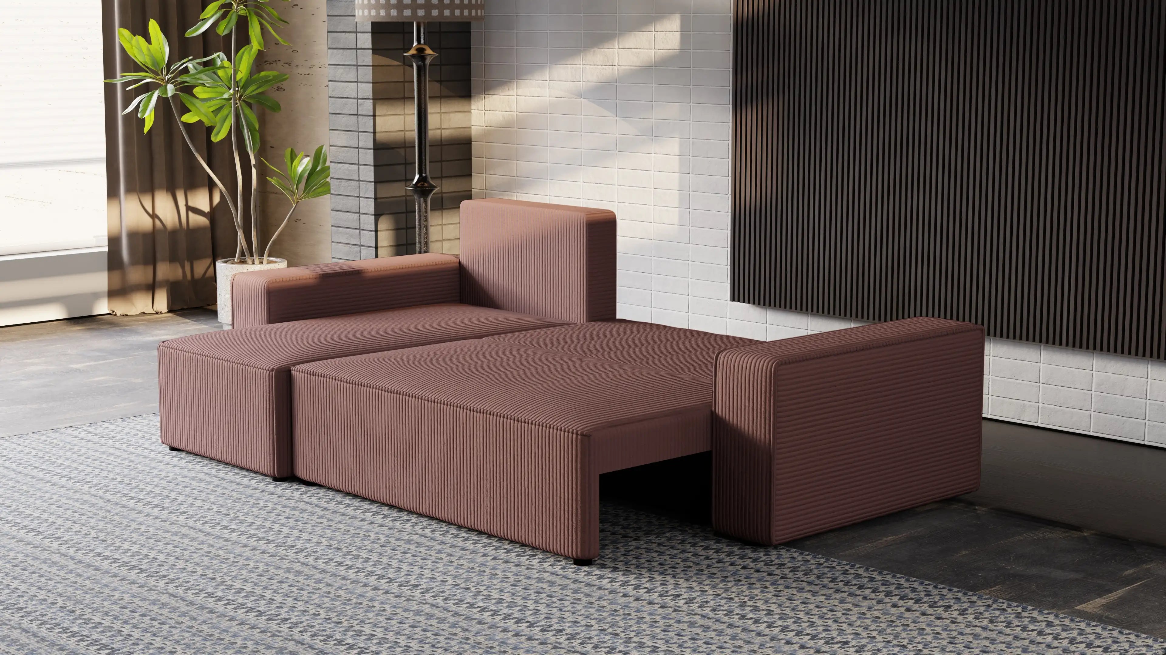 Narożnik tapicerowany NEXO – uniwersalny, z funkcją spania i pojemnikiem