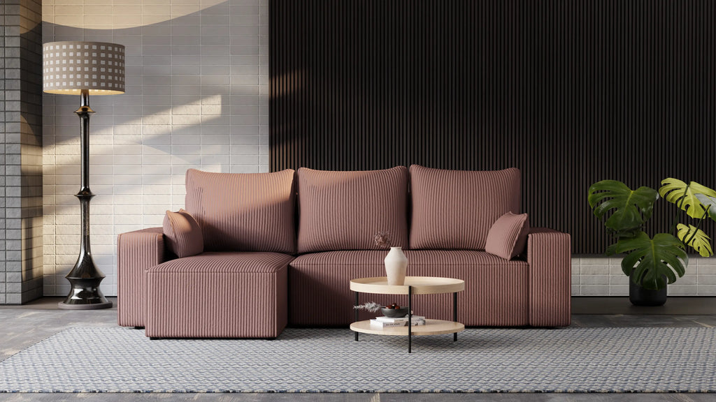 Narożnik tapicerowany NEXO – uniwersalny, z funkcją spania i pojemnikiem