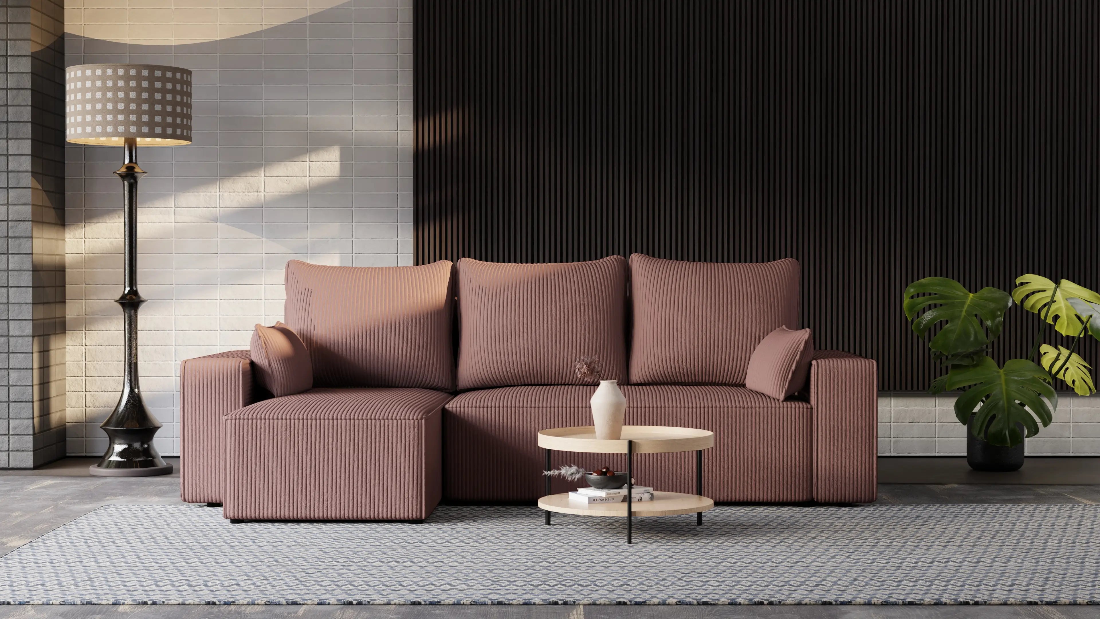 Narożnik tapicerowany NEXO – uniwersalny, z funkcją spania i pojemnikiem