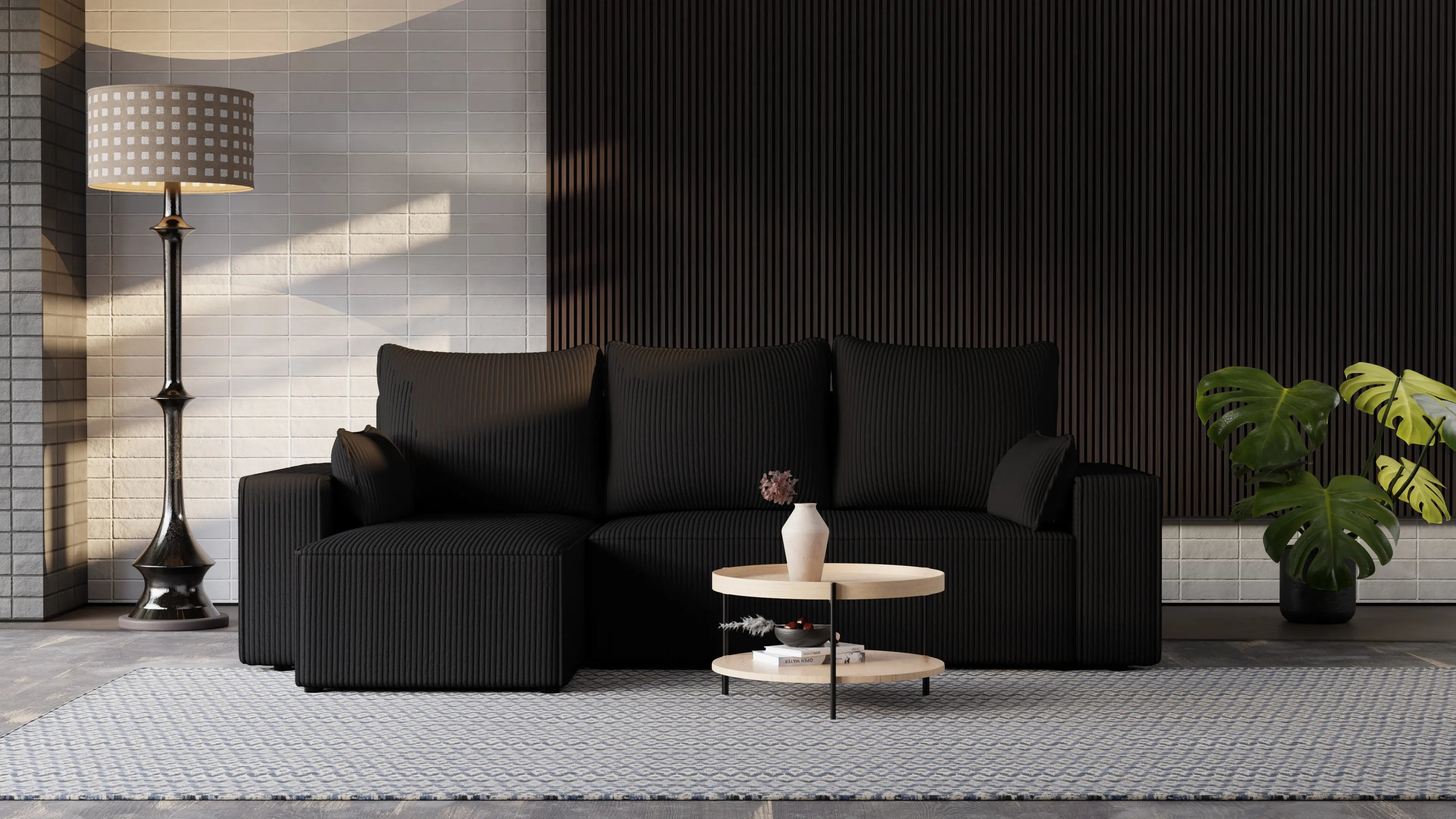 Narożnik tapicerowany NEXO – uniwersalny, z funkcją spania i pojemnikiem