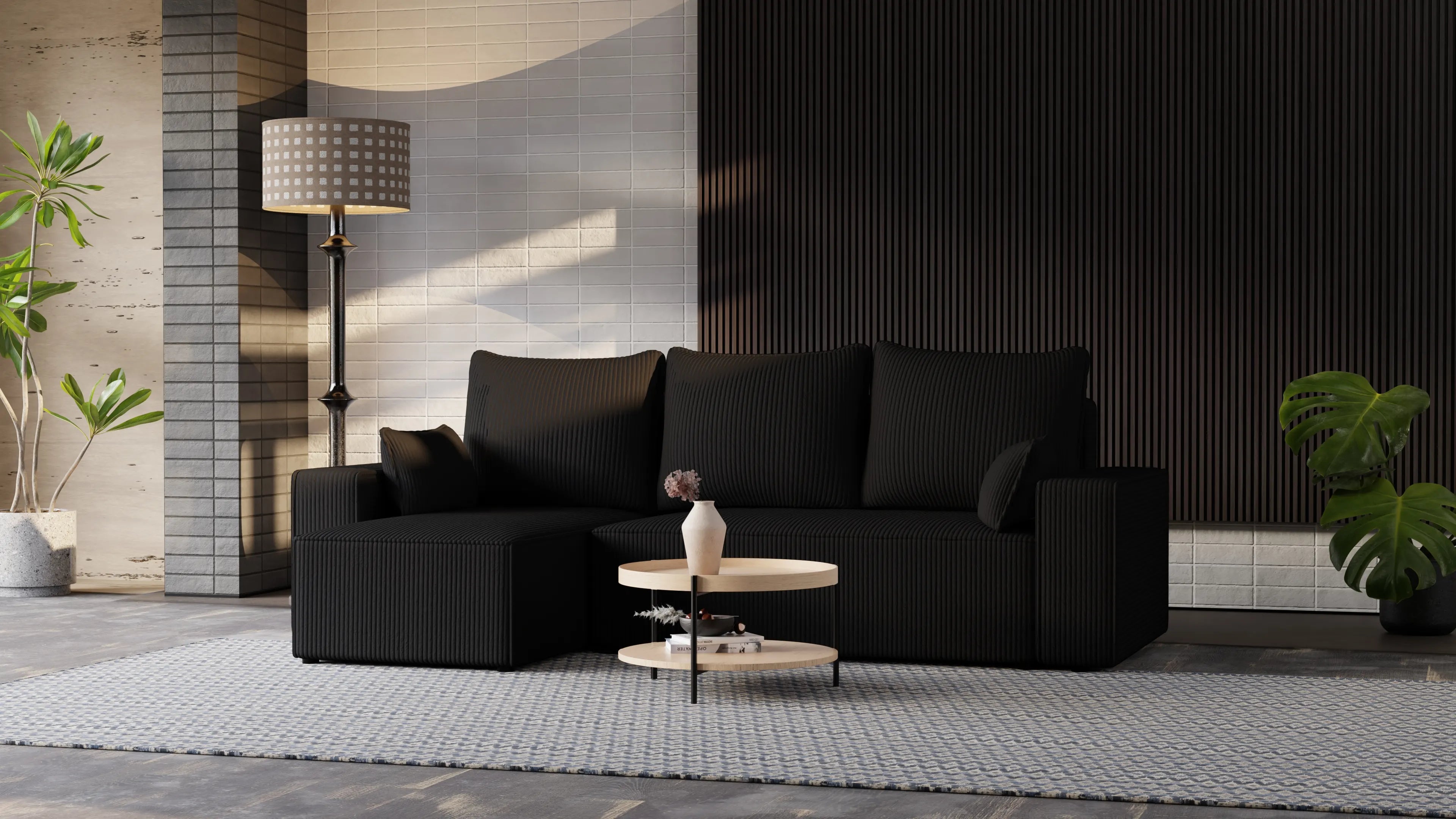 Narożnik tapicerowany NEXO – uniwersalny, z funkcją spania i pojemnikiem