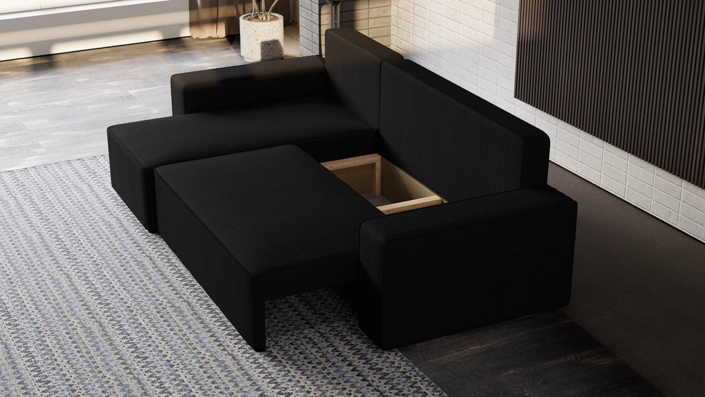 Narożnik tapicerowany NEXO – uniwersalny, z funkcją spania i pojemnikiem