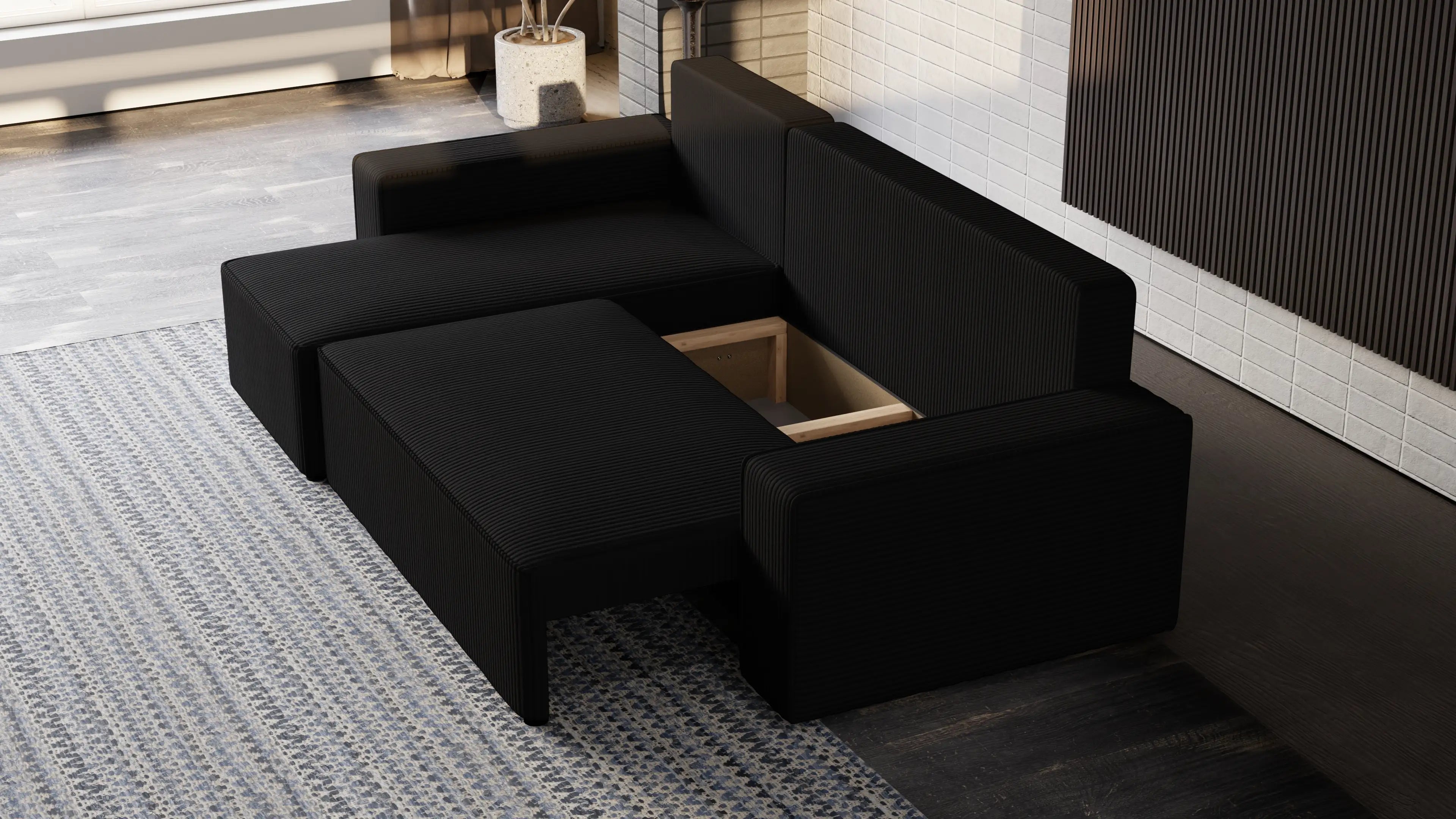 Narożnik tapicerowany NEXO – uniwersalny, z funkcją spania i pojemnikiem