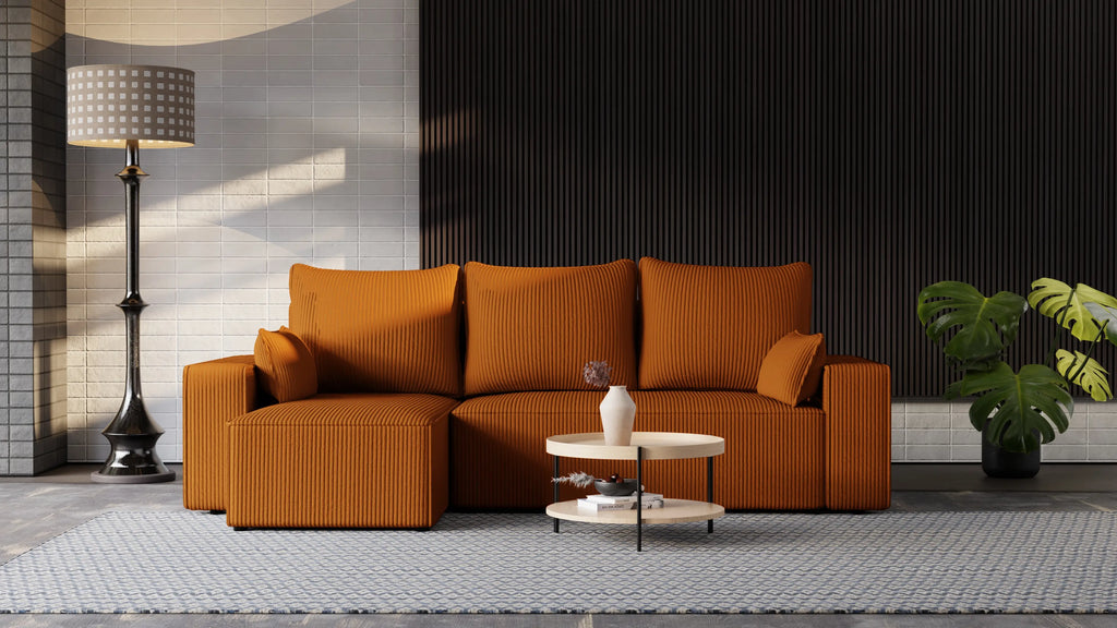 Narożnik tapicerowany NEXO – uniwersalny, z funkcją spania i pojemnikiem