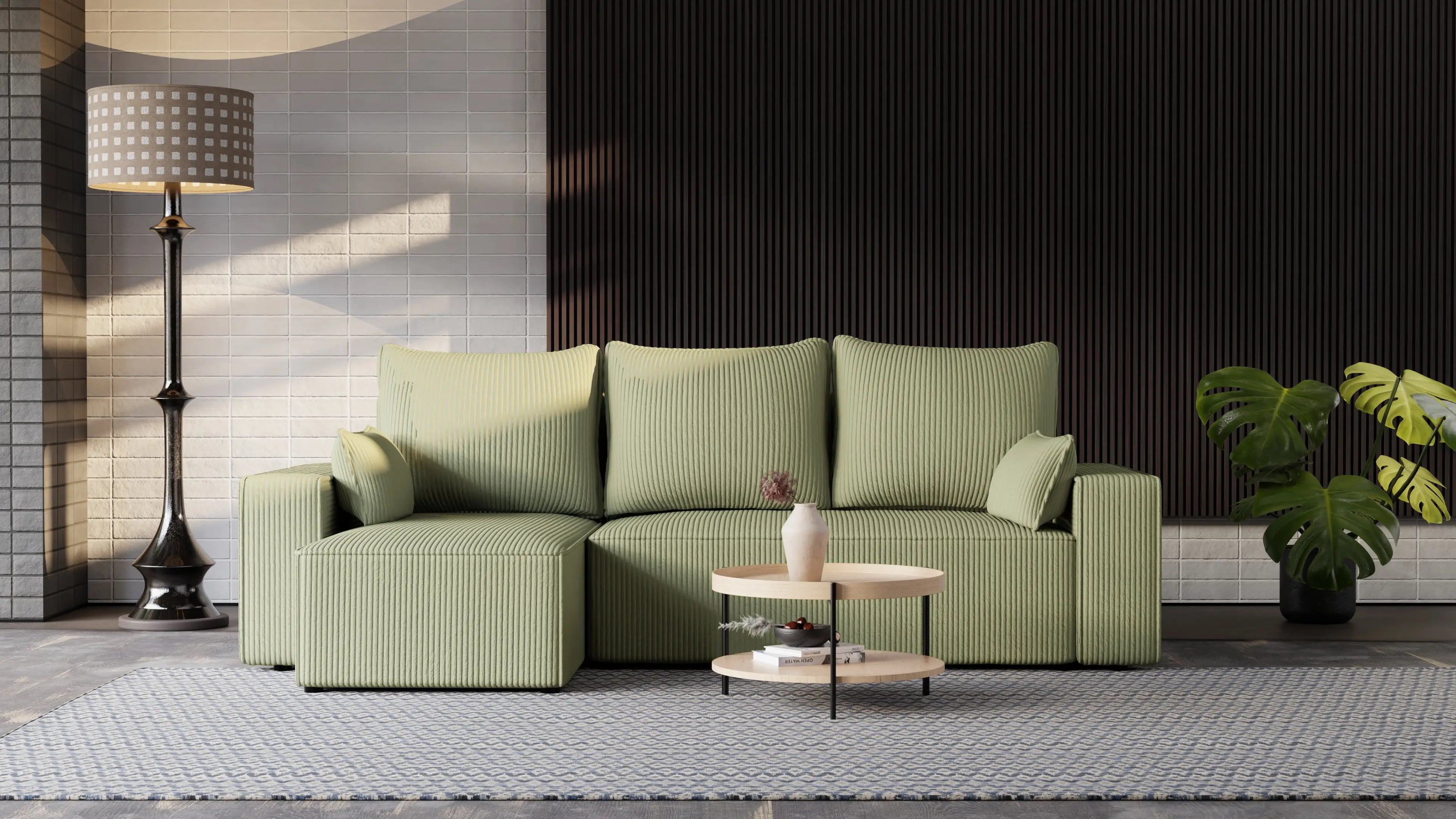 Narożnik tapicerowany NEXO – uniwersalny, z funkcją spania i pojemnikiem