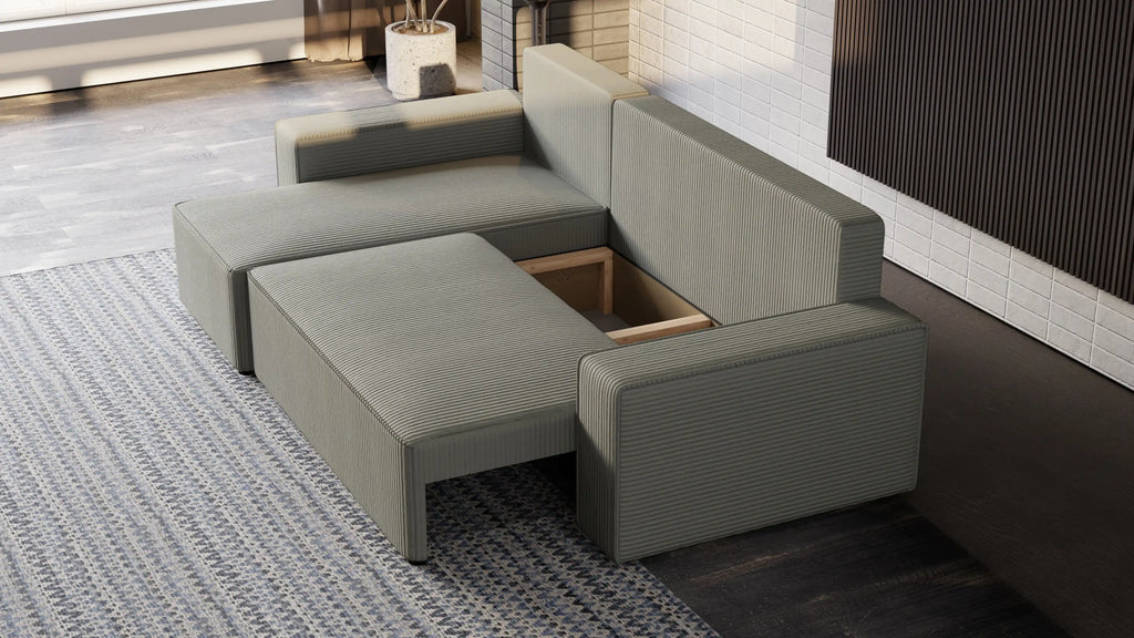 Narożnik tapicerowany NEXO – uniwersalny, z funkcją spania i pojemnikiem