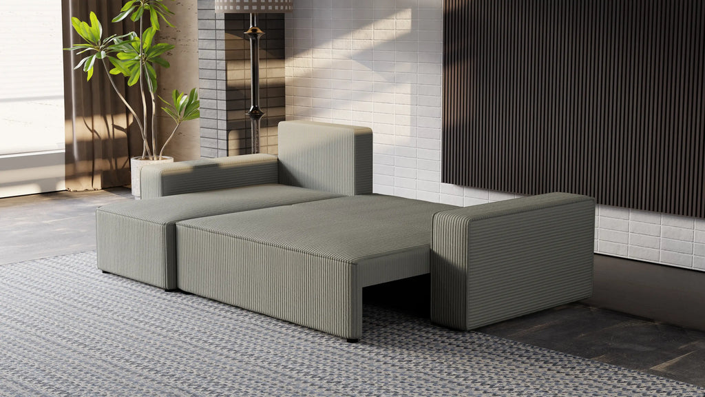 Narożnik tapicerowany NEXO – uniwersalny, z funkcją spania i pojemnikiem