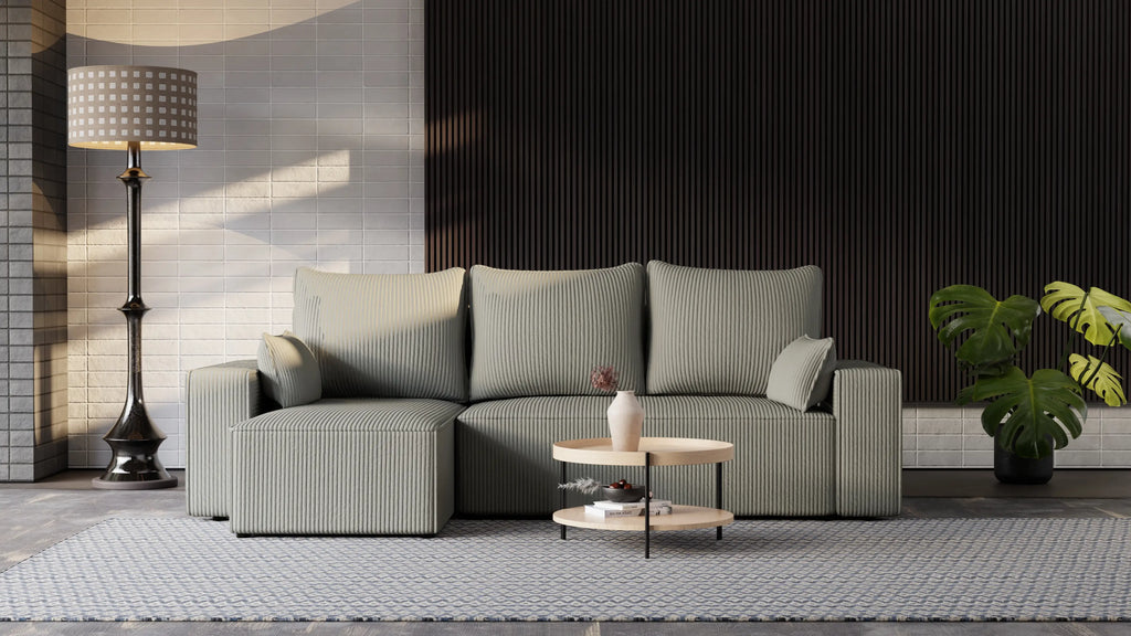 Narożnik tapicerowany NEXO – uniwersalny, z funkcją spania i pojemnikiem