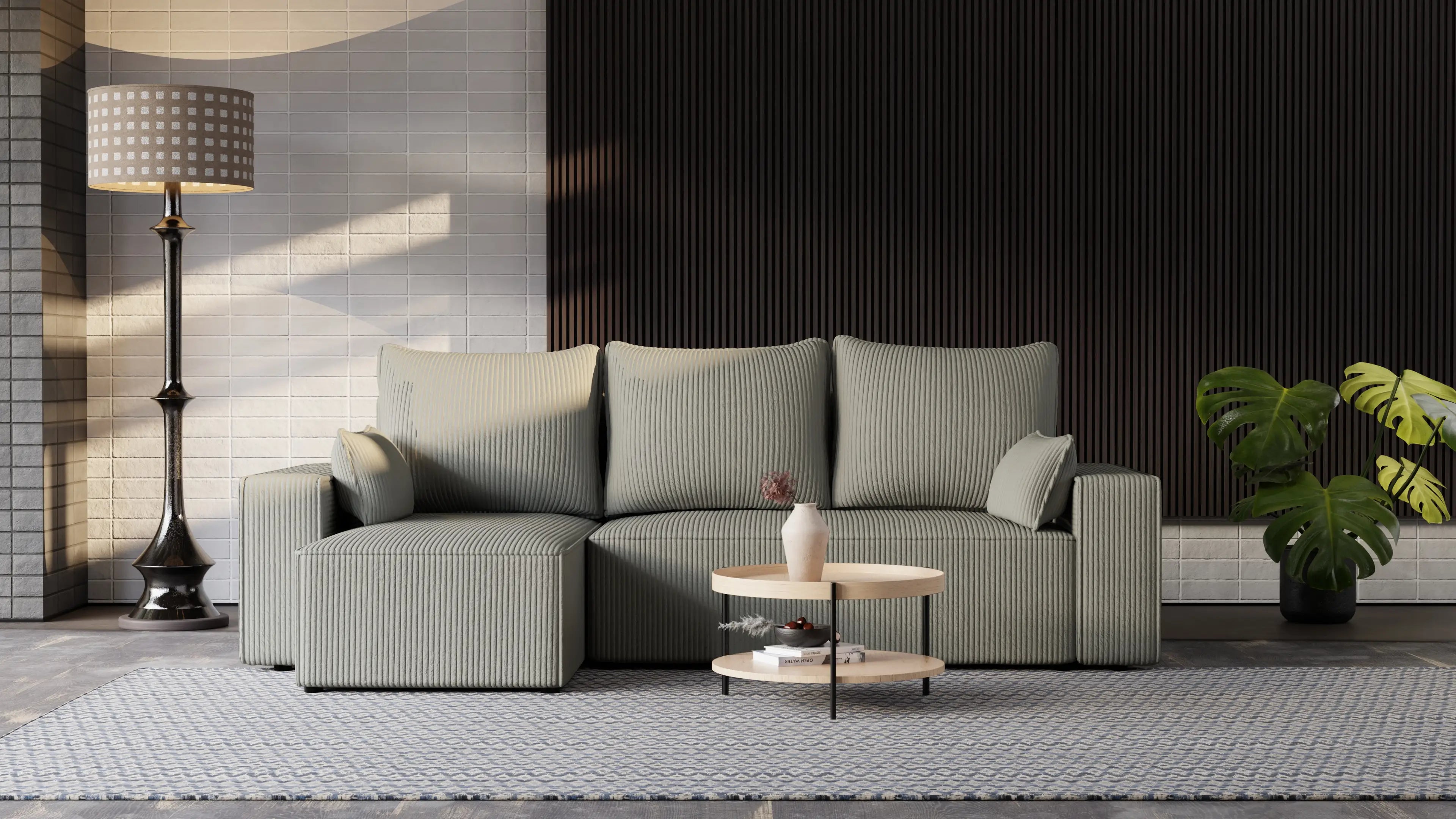 Narożnik tapicerowany NEXO – uniwersalny, z funkcją spania i pojemnikiem