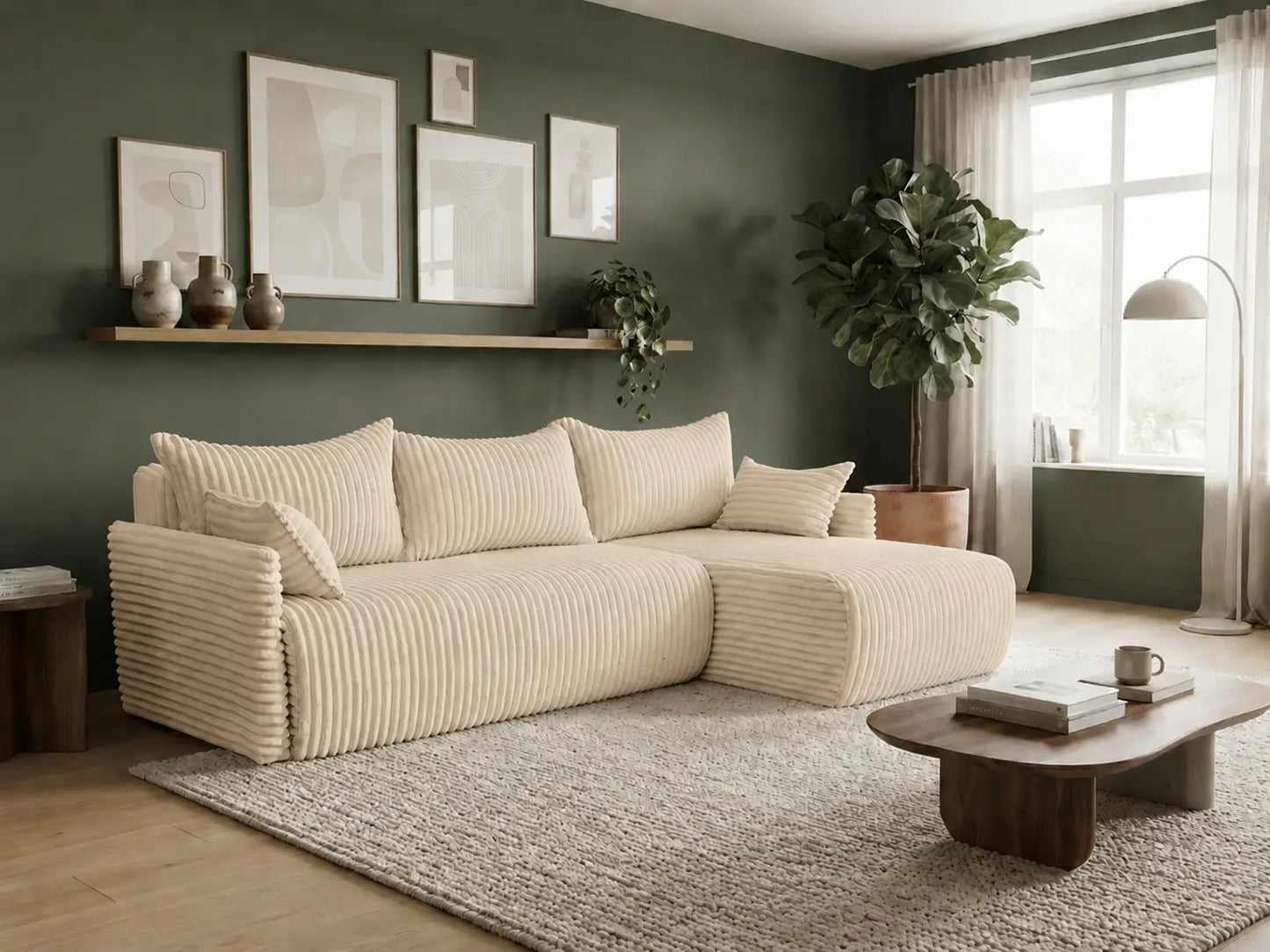Narożnik Rivo 220 × 155 cm z funkcją spania i pojemnikiem – sztruks Ambience