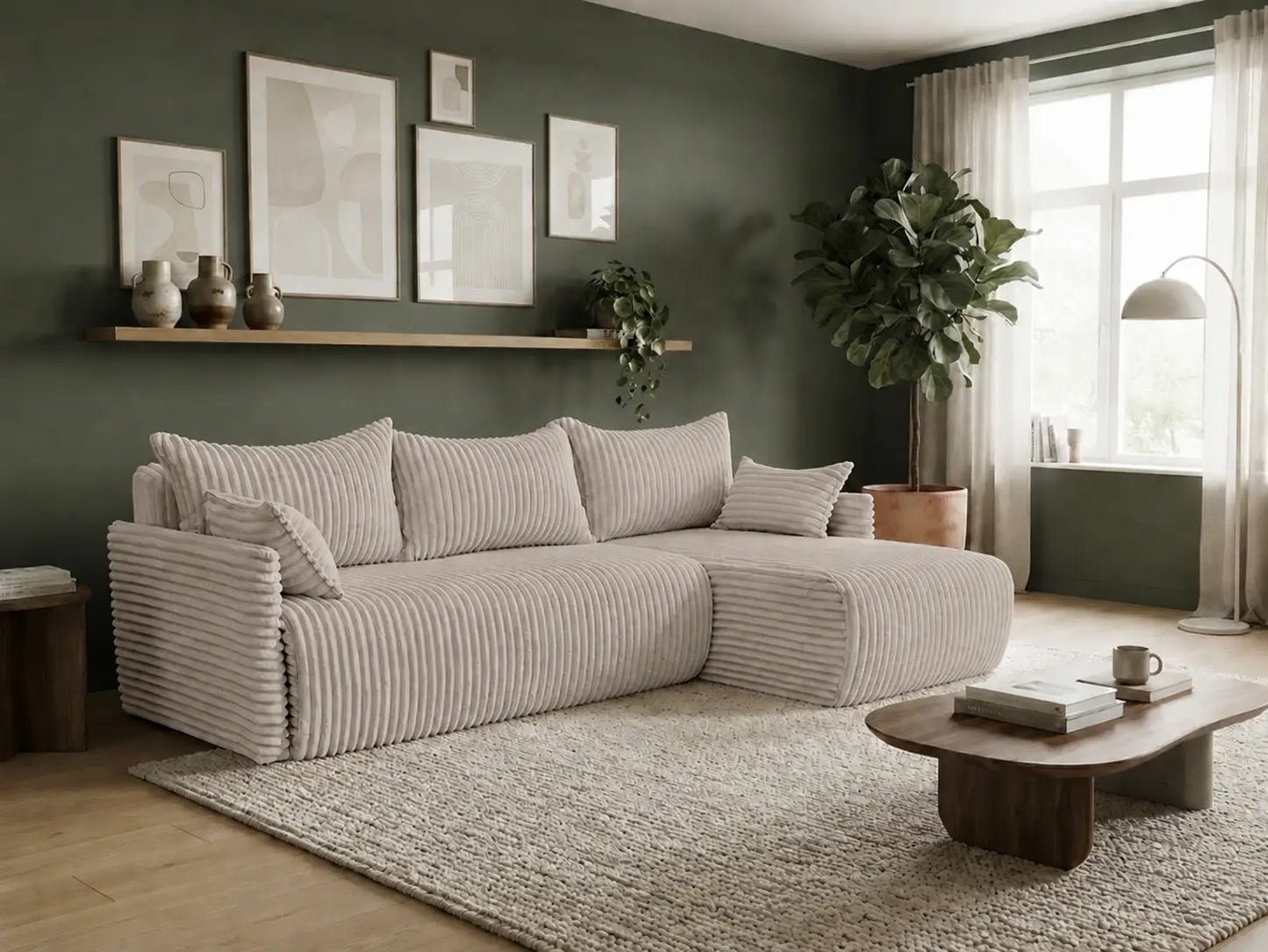 Narożnik Rivo 220 × 155 cm z funkcją spania i pojemnikiem – sztruks Ambience