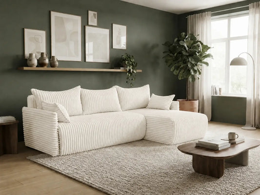 Narożnik Rivo 220 × 155 cm z funkcją spania i pojemnikiem – sztruks Ambience