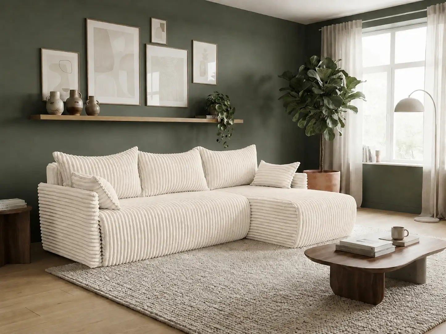 Narożnik Rivo 220 × 155 cm z funkcją spania i pojemnikiem – sztruks Ambience