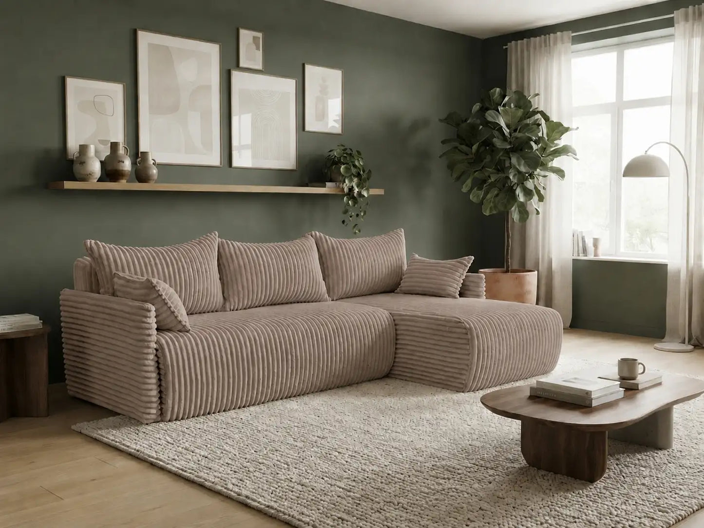 Narożnik Rivo 220 × 155 cm z funkcją spania i pojemnikiem – sztruks Ambience
