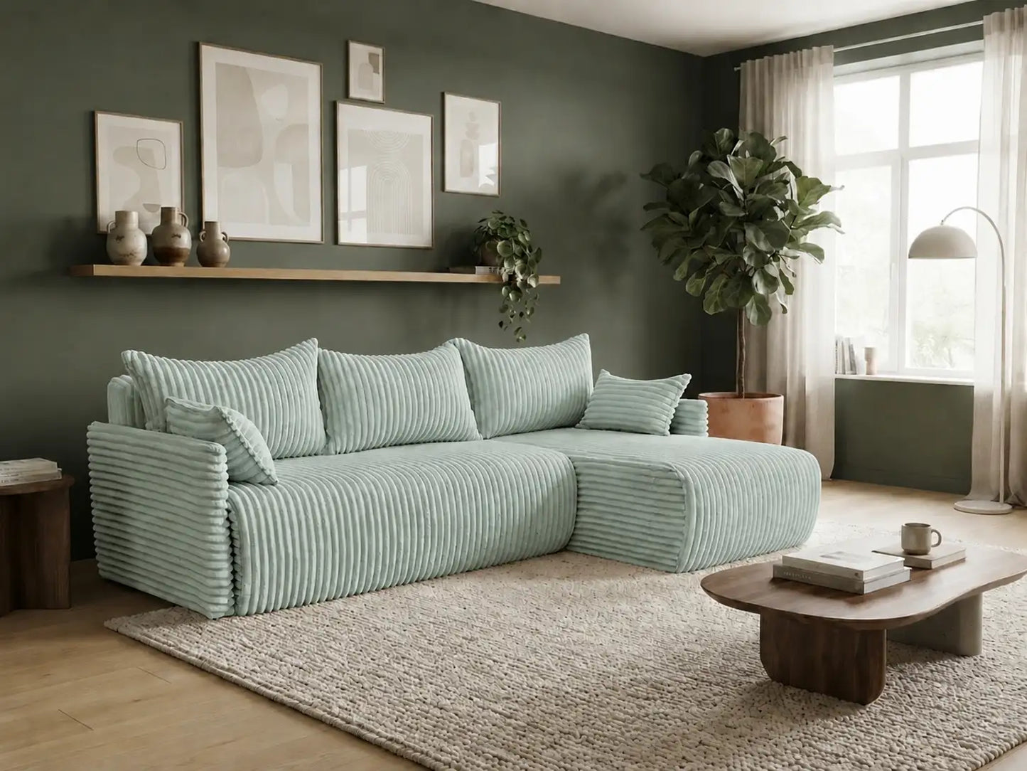 Narożnik Rivo 220 × 155 cm z funkcją spania i pojemnikiem – sztruks Ambience