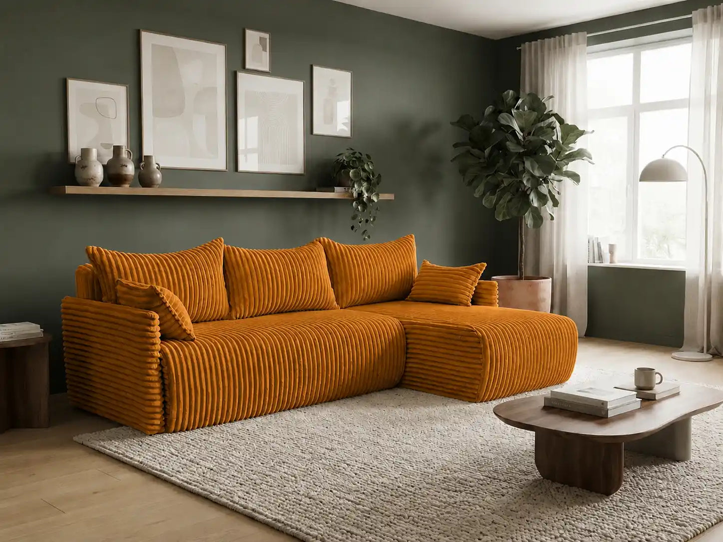 Narożnik Rivo 220 × 155 cm z funkcją spania i pojemnikiem – sztruks Ambience