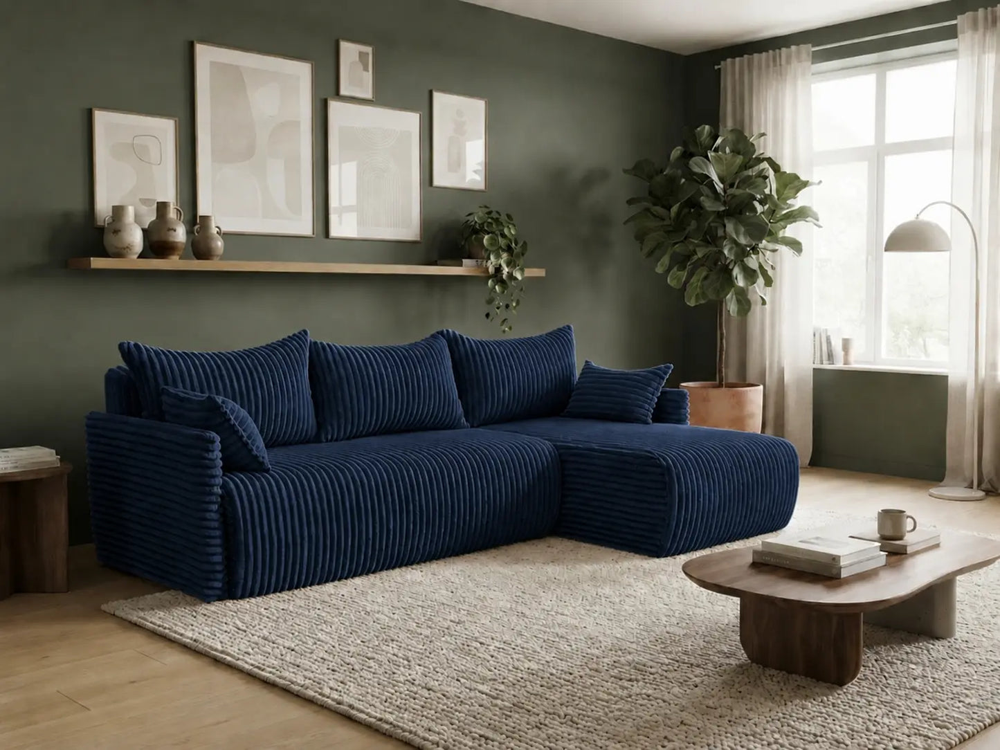 Narożnik Rivo 220 × 155 cm z funkcją spania i pojemnikiem – sztruks Ambience