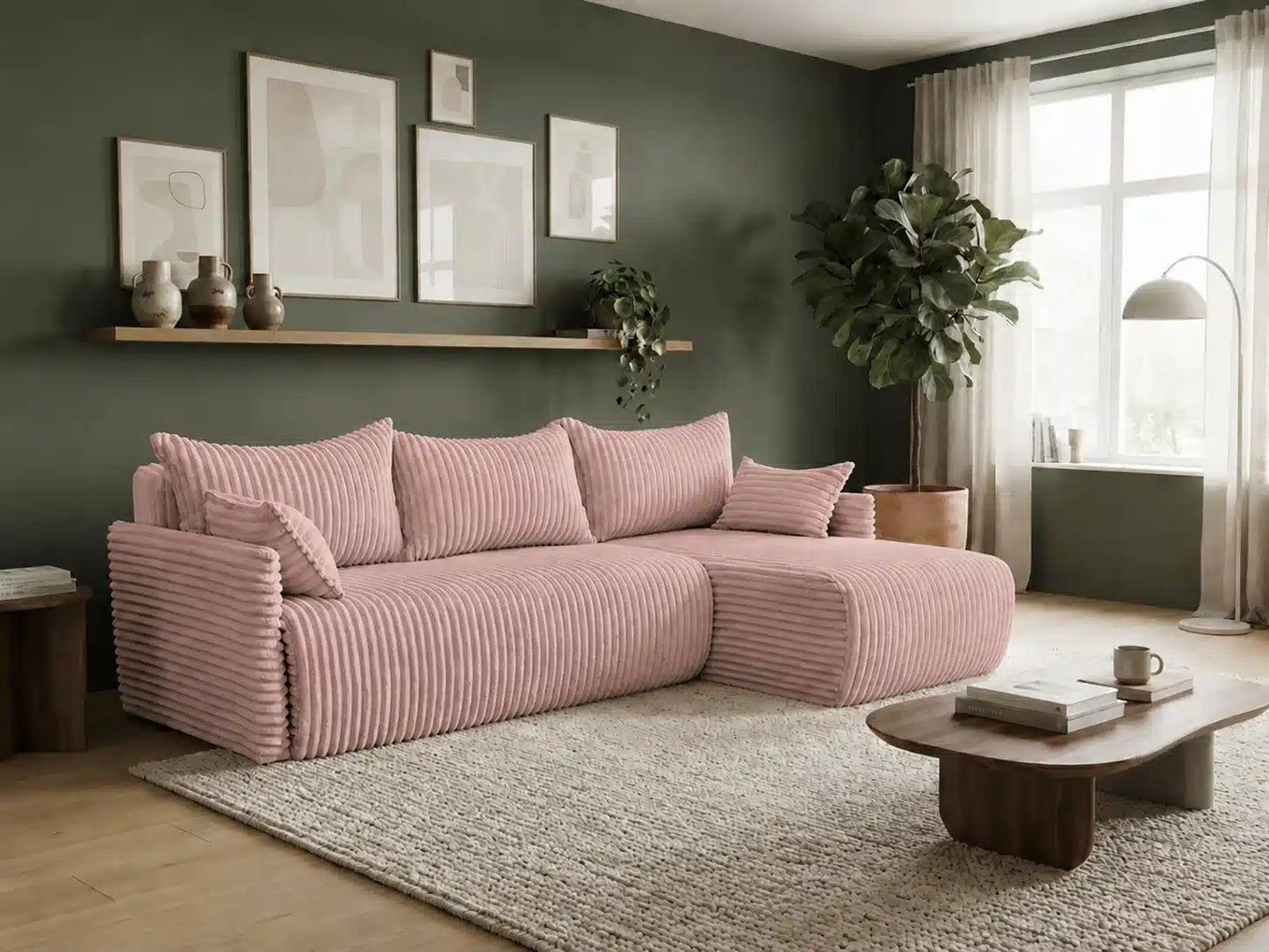 Narożnik Rivo 220 × 155 cm z funkcją spania i pojemnikiem – sztruks Ambience
