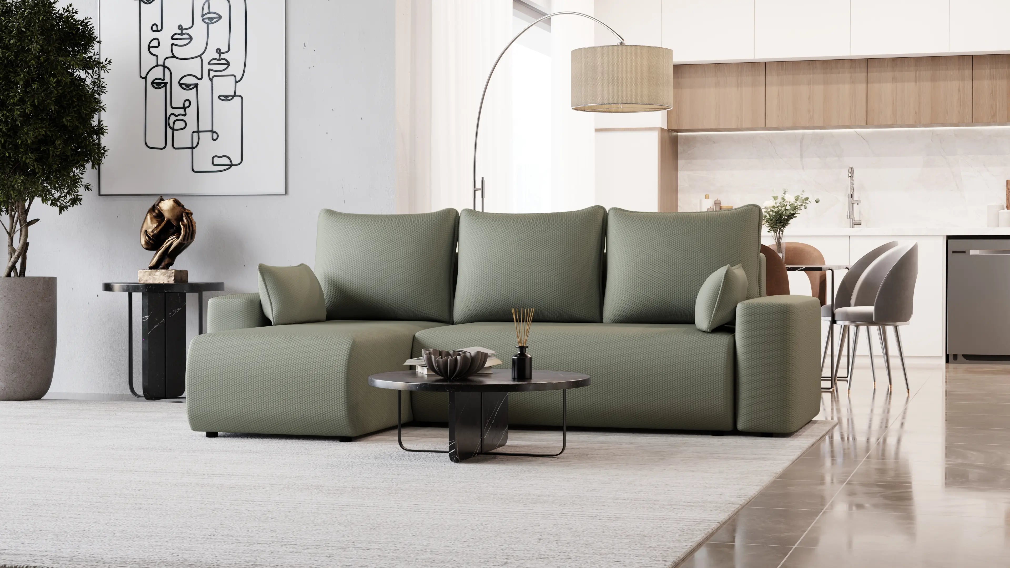 SENSO – narożnik L z funkcją spania i pojemnikiem, tkanina Onega